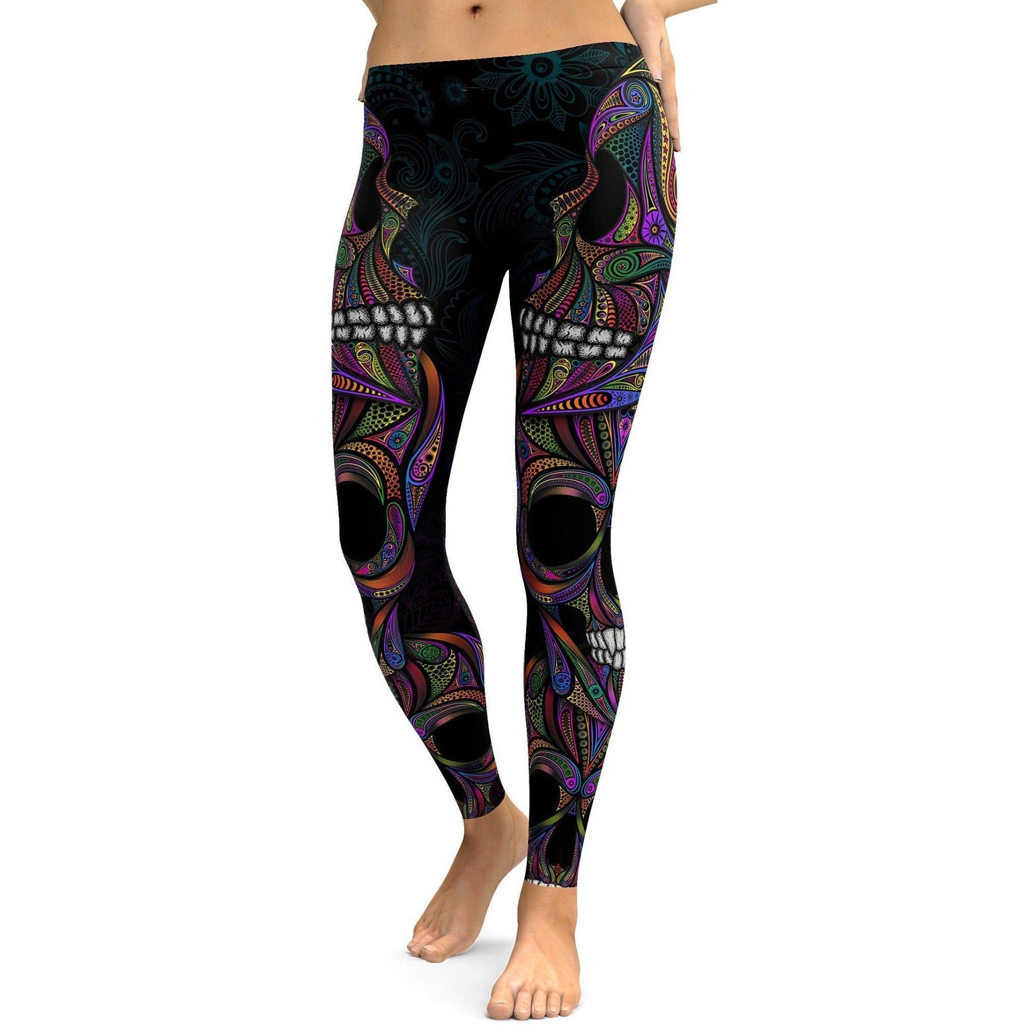 Womens Workout Yoga Colorful Ornamental Skull Leggings Blue/Black/Purple | Gearbunch.com