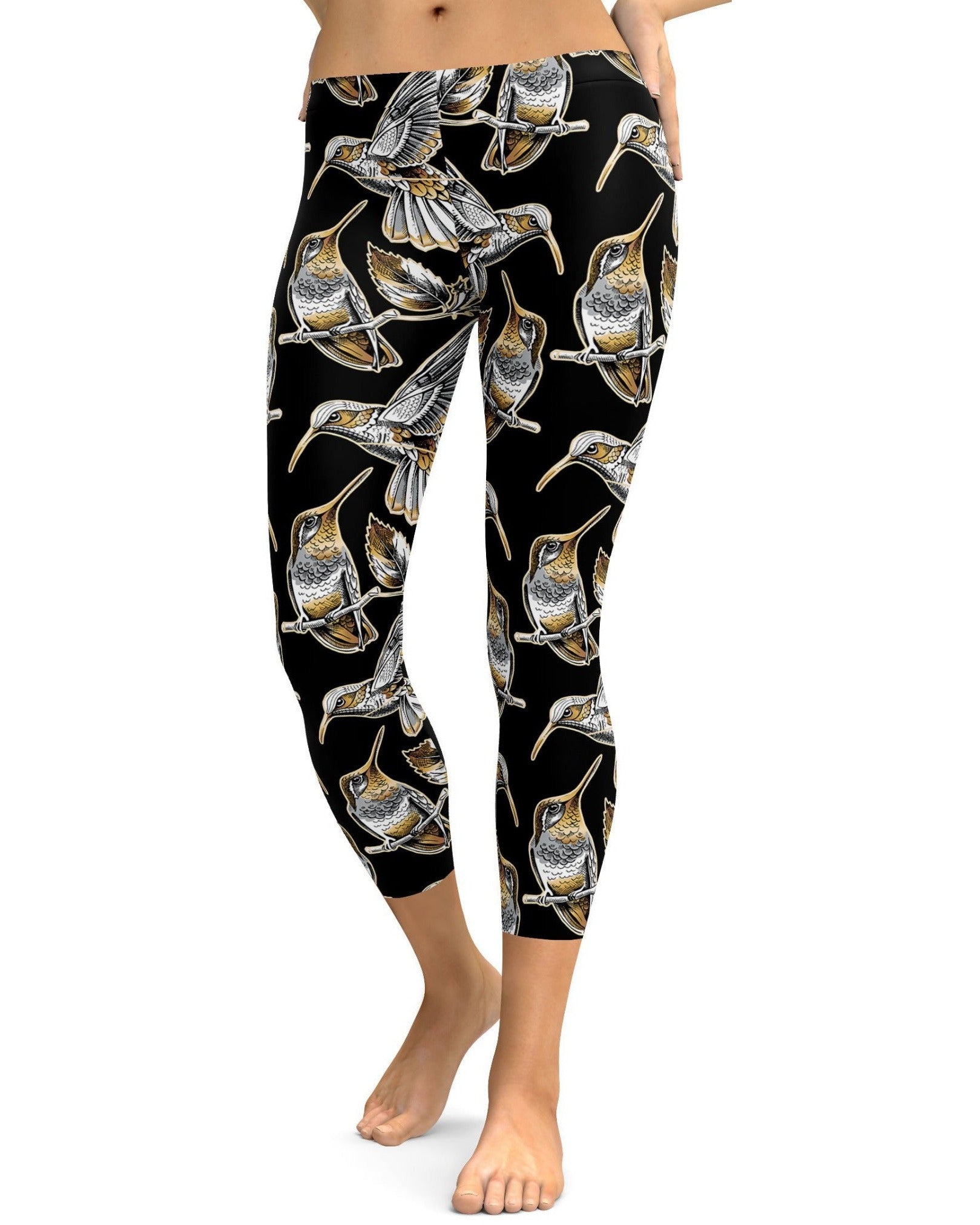 White&Gold Hummingbird Capris - Gearbunch Leggings