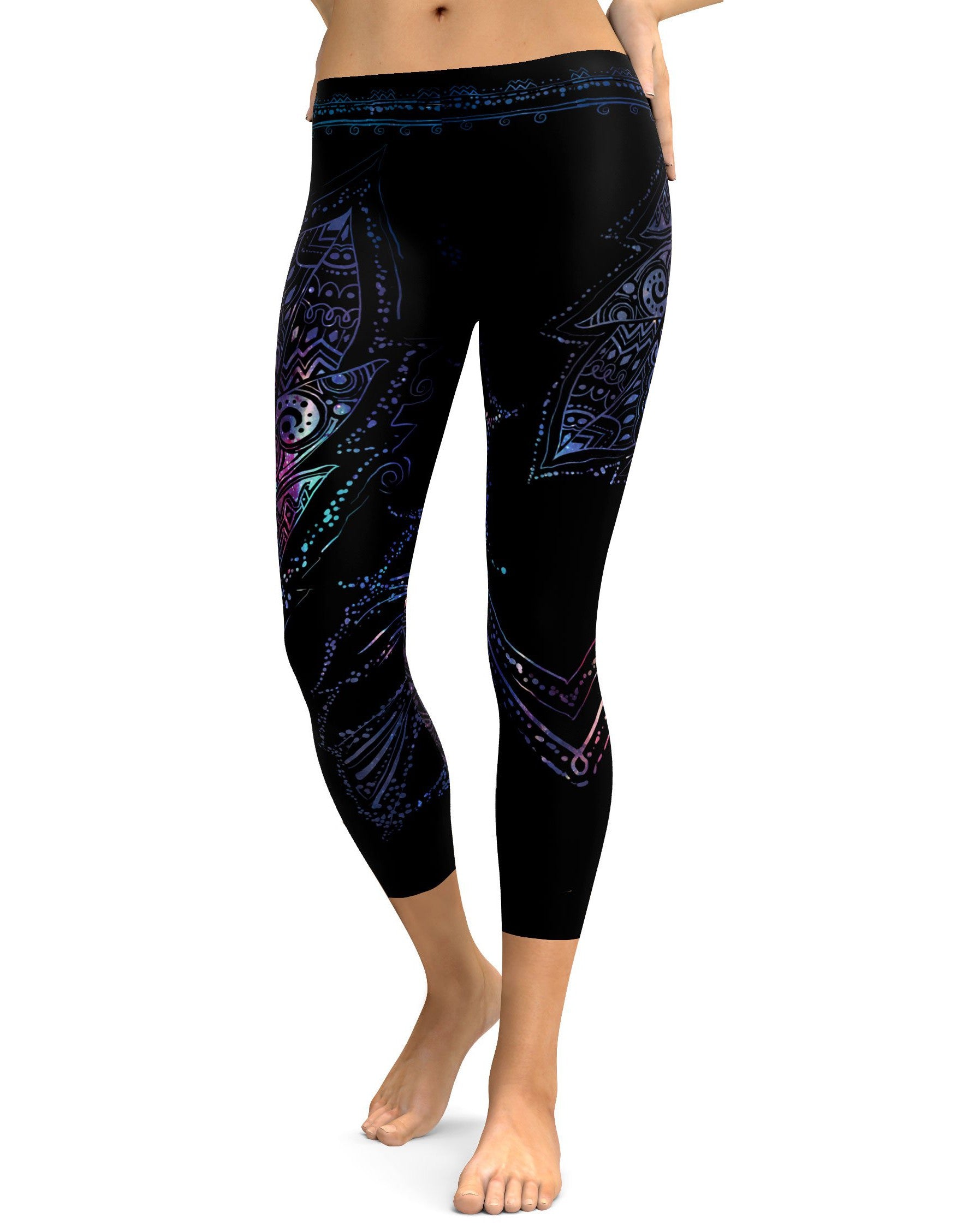 Womens Fashion Mystic Black Feather Capris Detailing in Purple, Pink, Blue colors