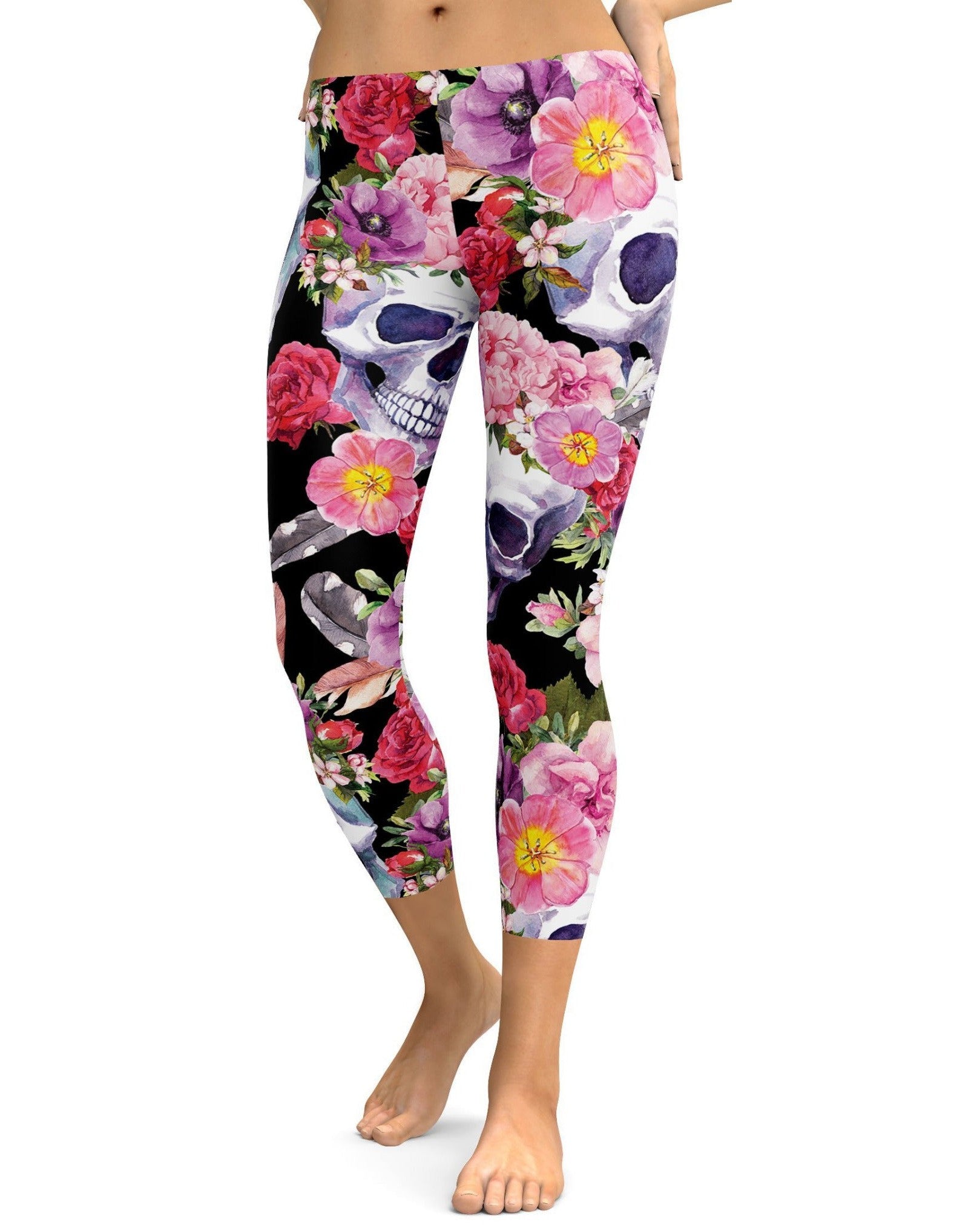 Colorful Floral Skull Capris - GearBunch Leggings