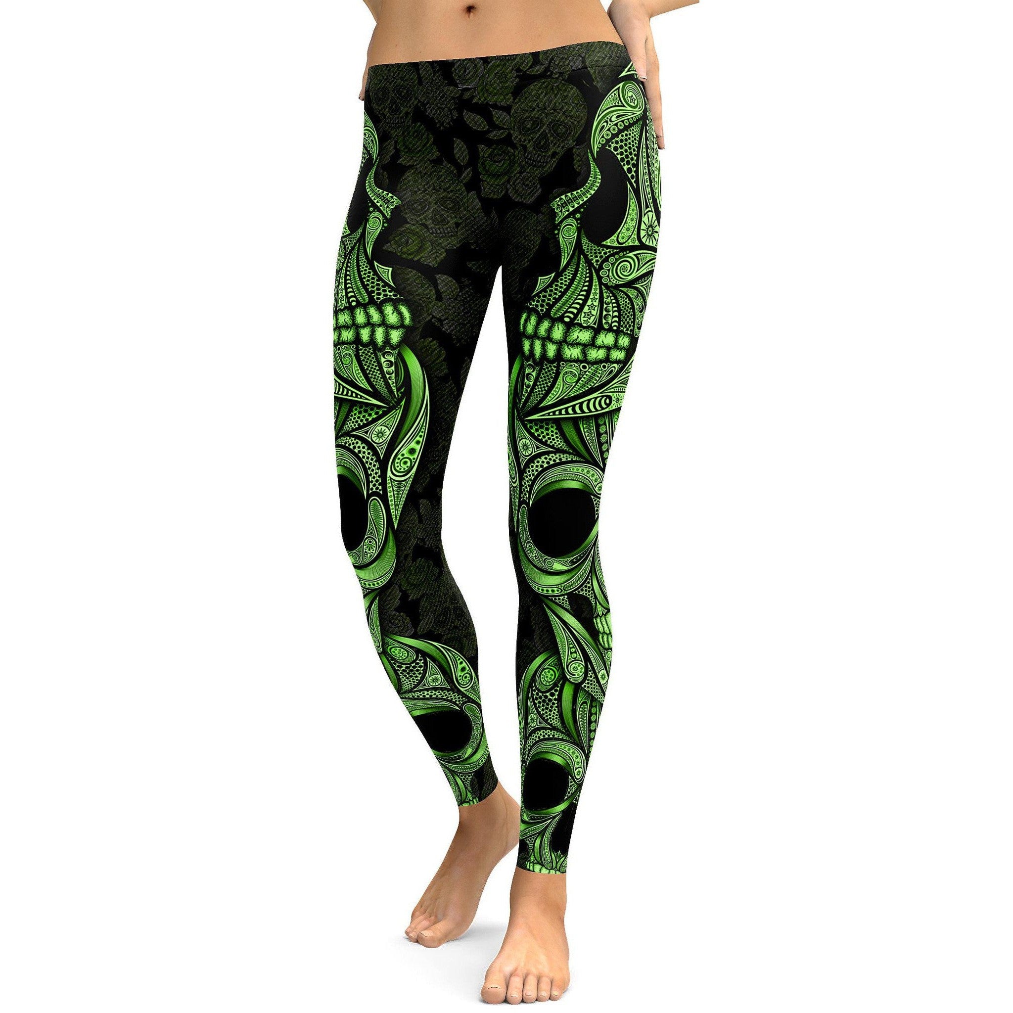 Green Ornamental Skull Leggings - GearBunch Leggings / Yoga Pants