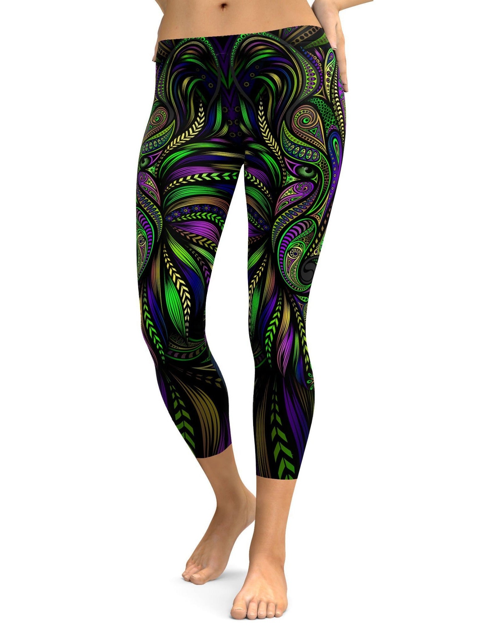 Green Colorful Wolf Capris - Gearbunch Leggings