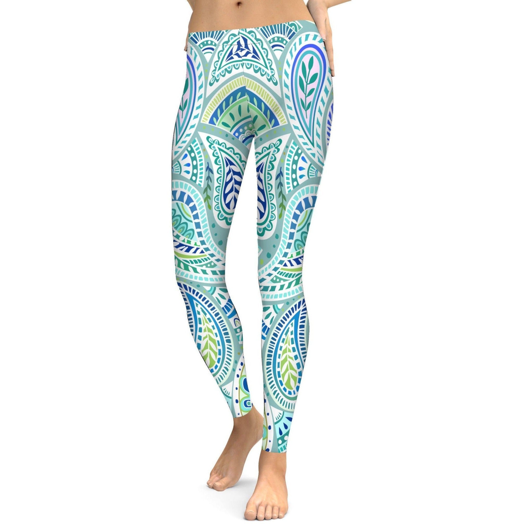 Womens Workout Yoga Blue and Green Paisley Leggings Red/Black/White | Gear Bunch