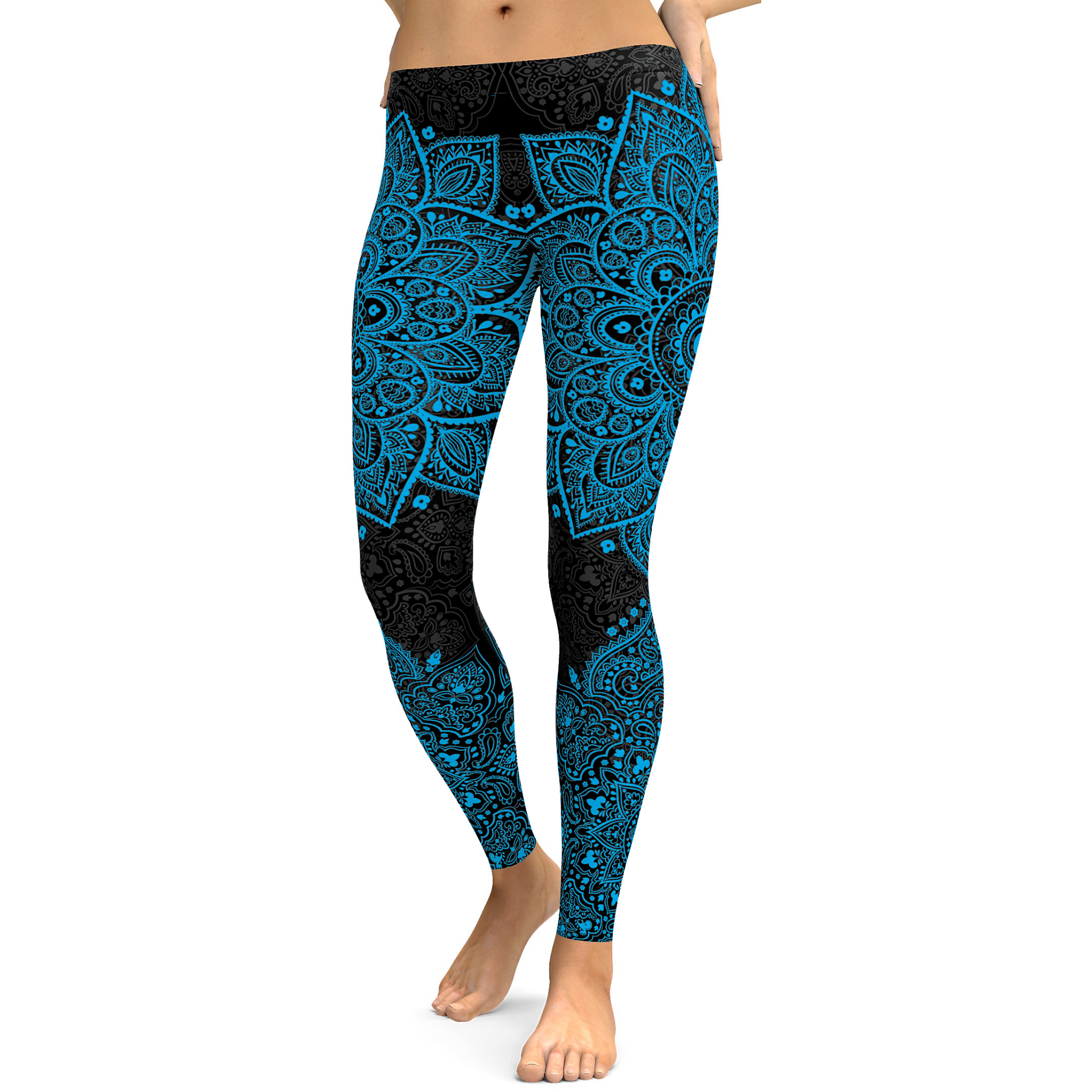 Womens Workout Yoga Black and Cyan Blue Mandala Leggings | Gear Bunch