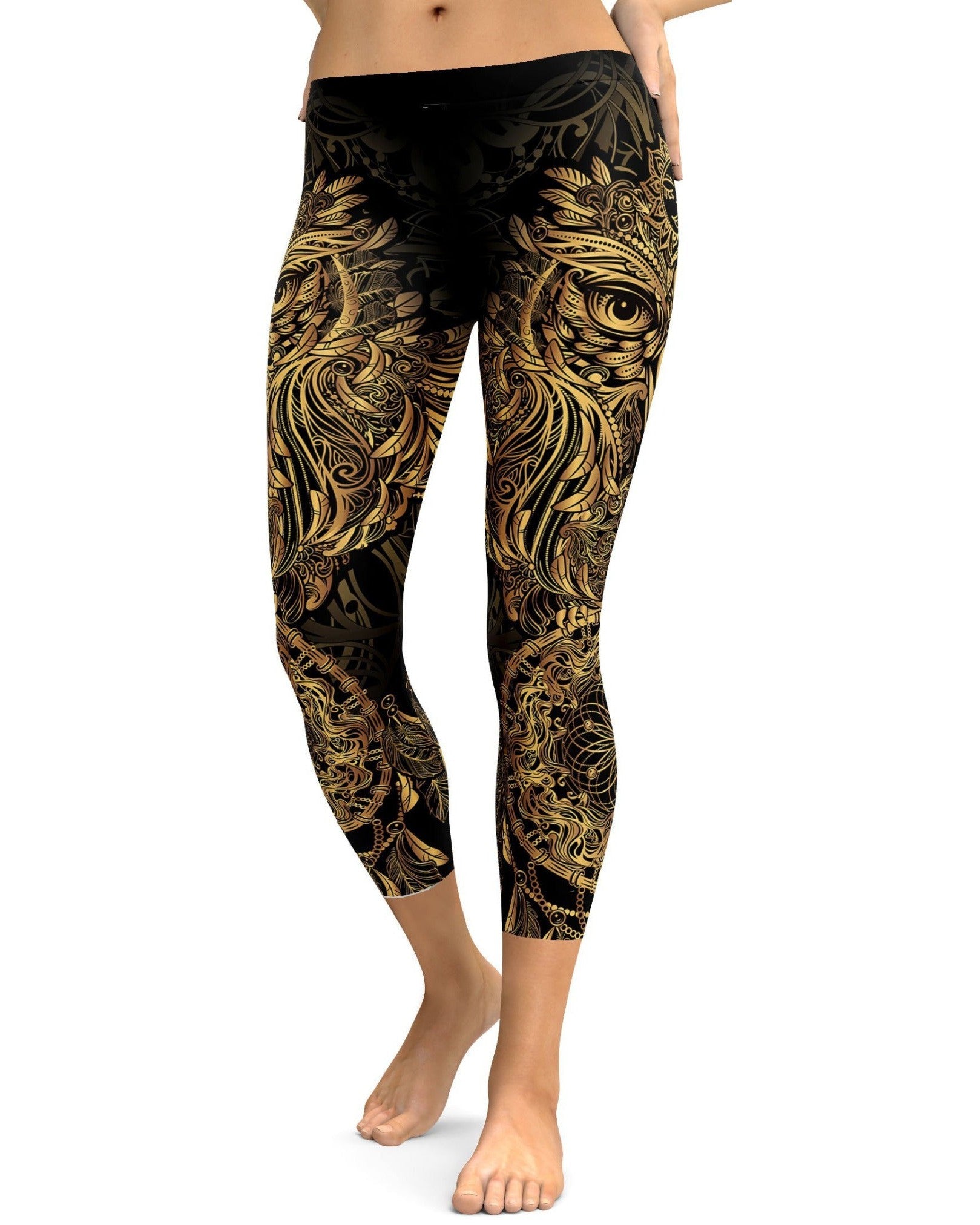 Golden Ornamental Owl Capris - GearBunch Leggings