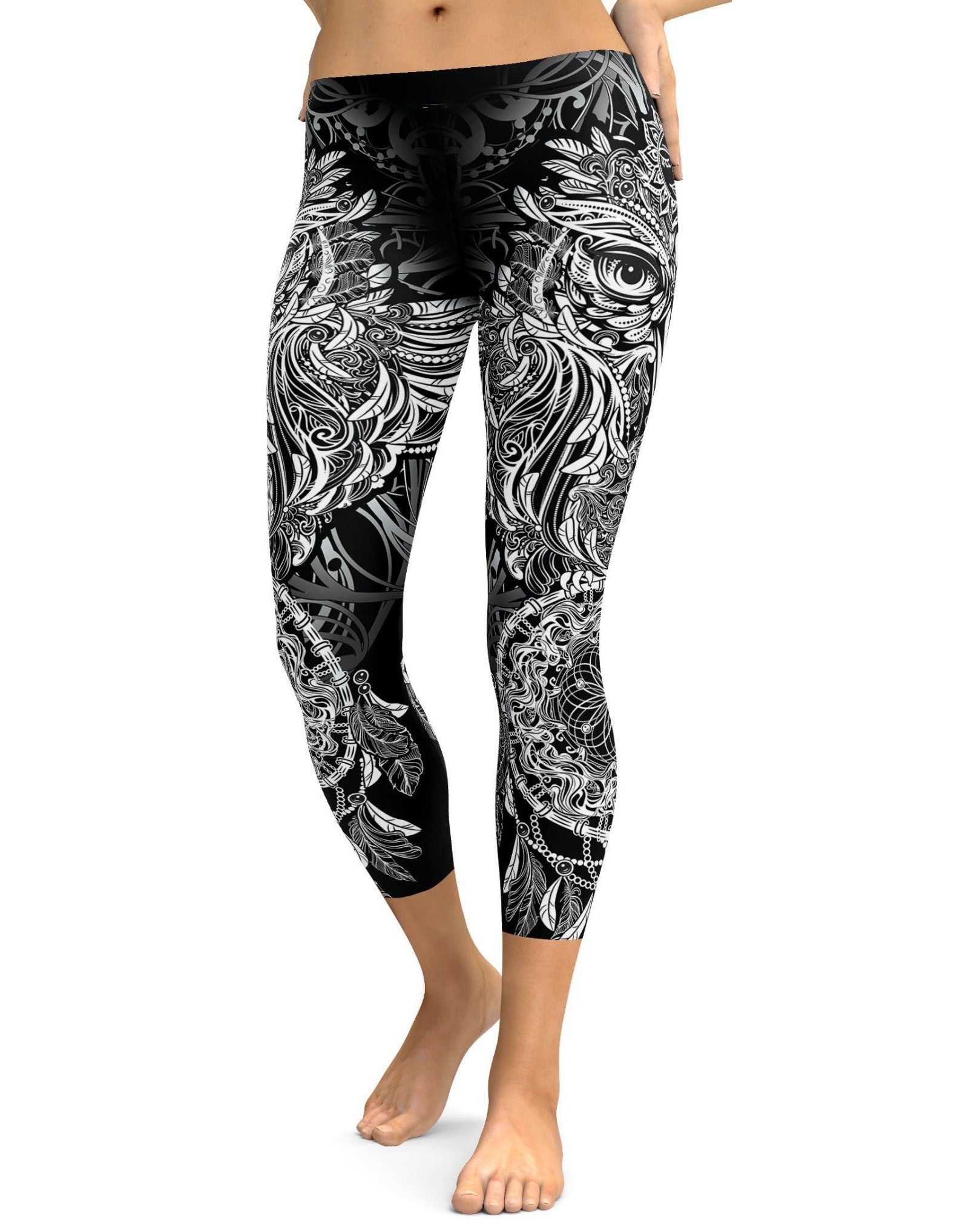 B&W Ornamental Owl Capris - Gearbunch Leggings