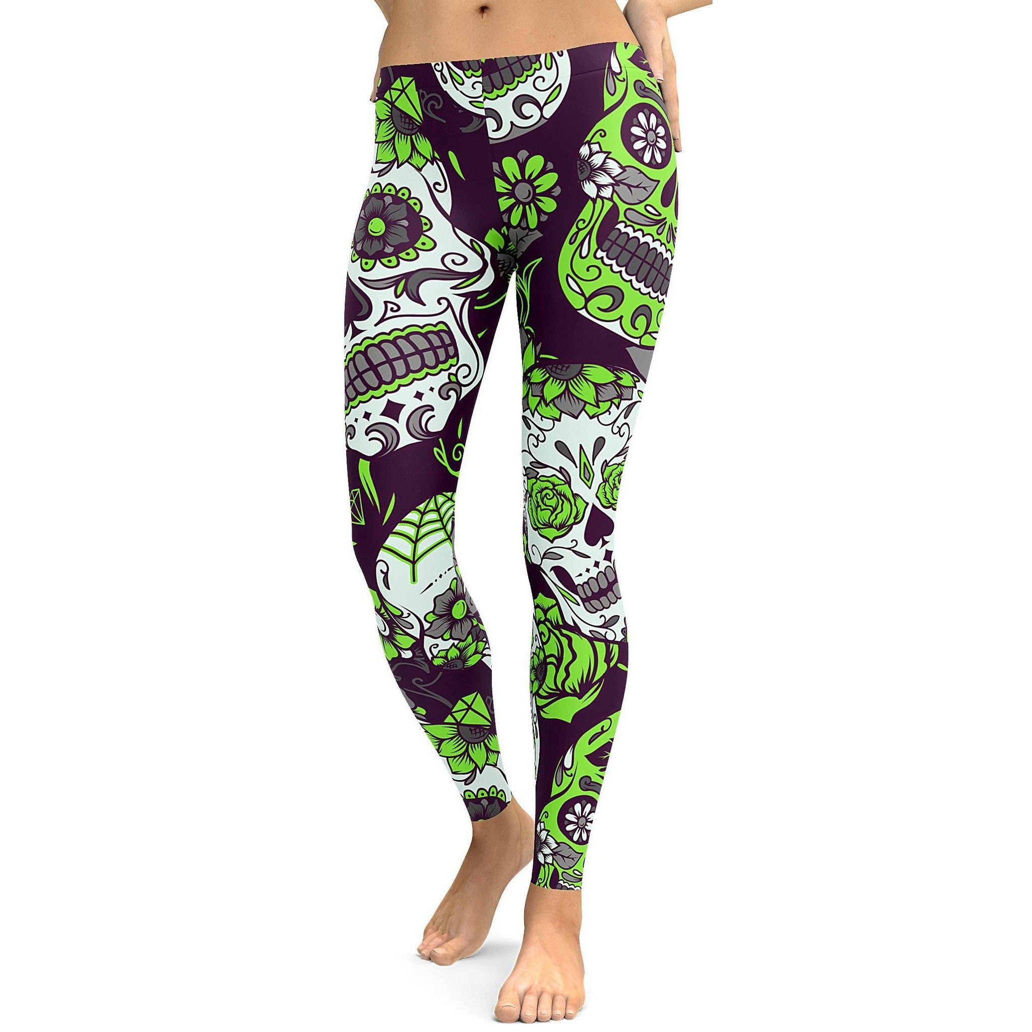 Womens Workout Yoga Lime Green Sugar Skull Leggings White/Green/Black | Gearbunch.com