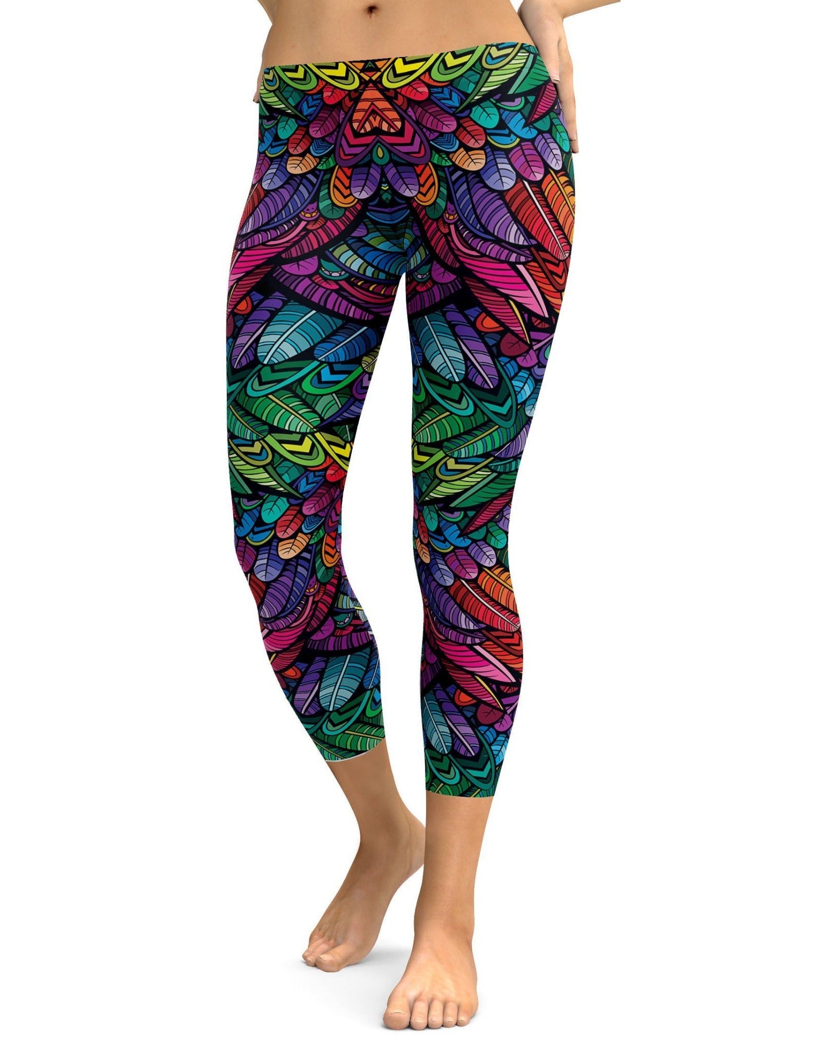 Colorful Feathers Capris - GearBunch Leggings