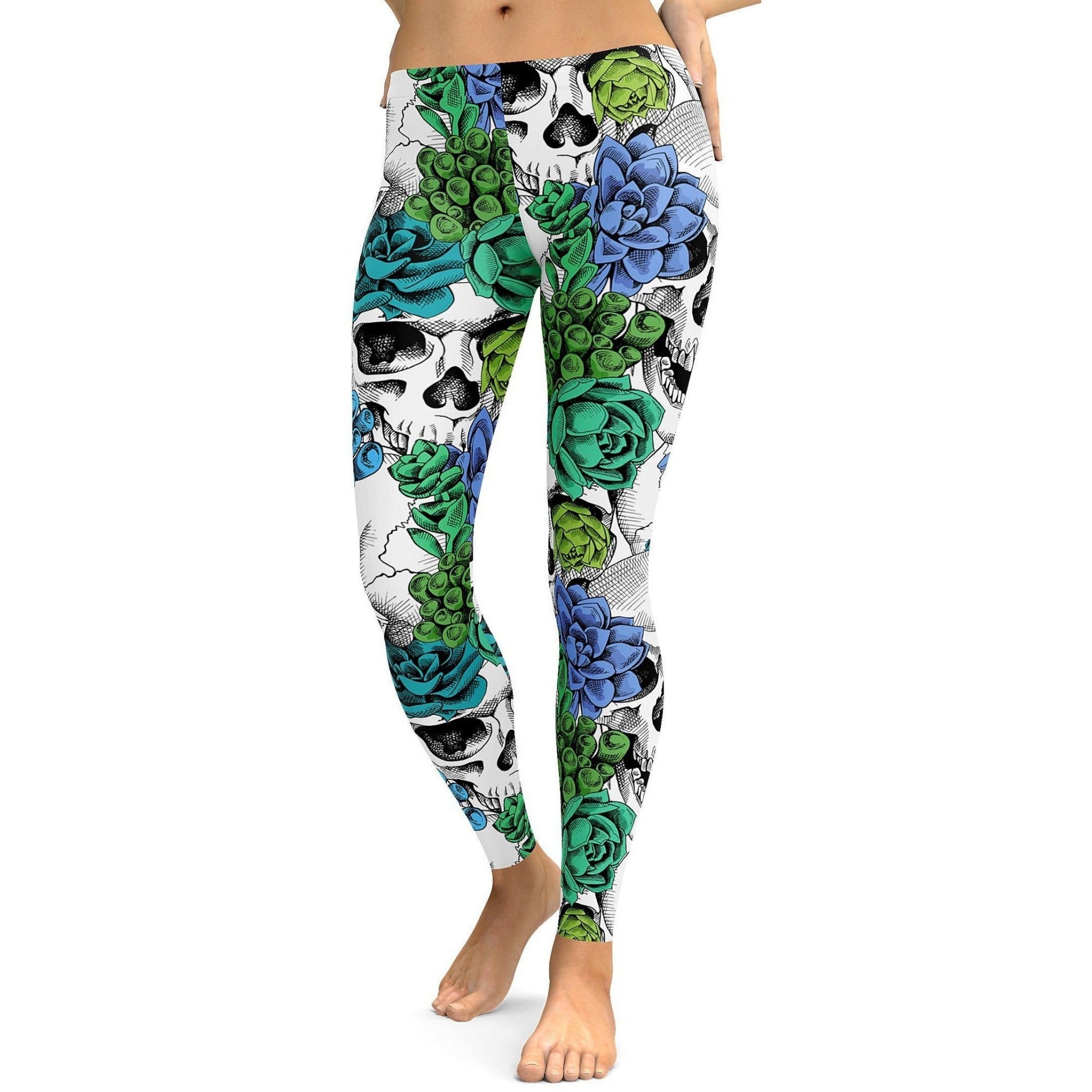 Blue Floral Skulls Leggings White/Black