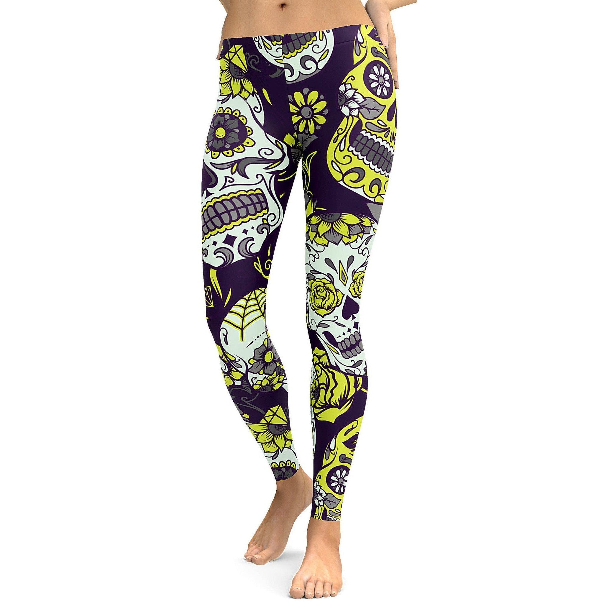 Sassy Yellow Sugar Skull Leggings - GearBunch Leggings / Yoga Pants