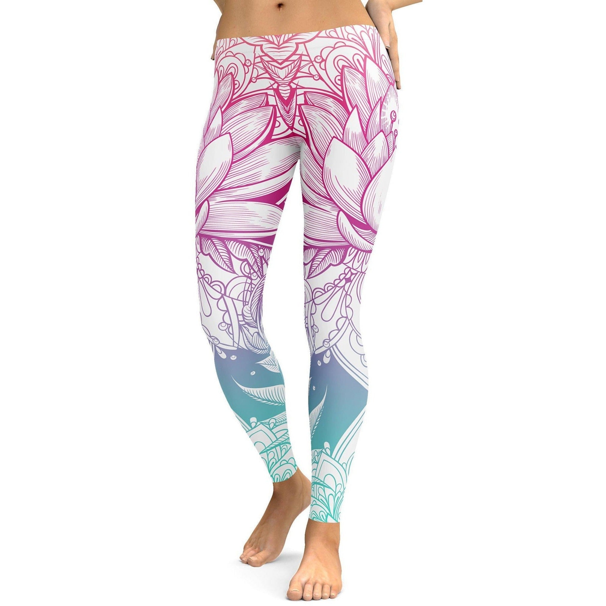 Womens Workout Yoga Bright Lotus Leggings White/Pink/Blue | Gearbunch.com