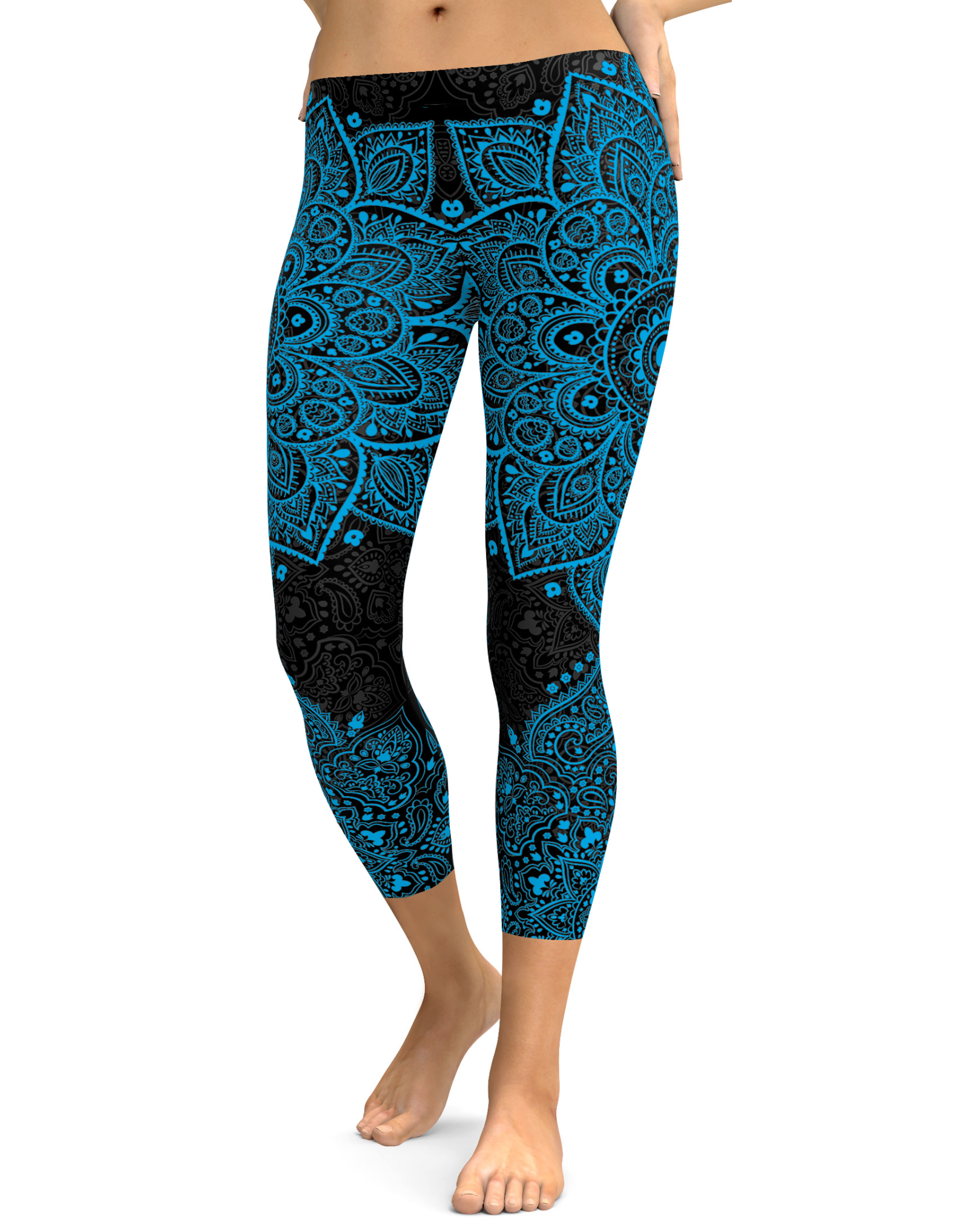 Black and Cyan Blue Mandala Capris - Gearbunch Leggings