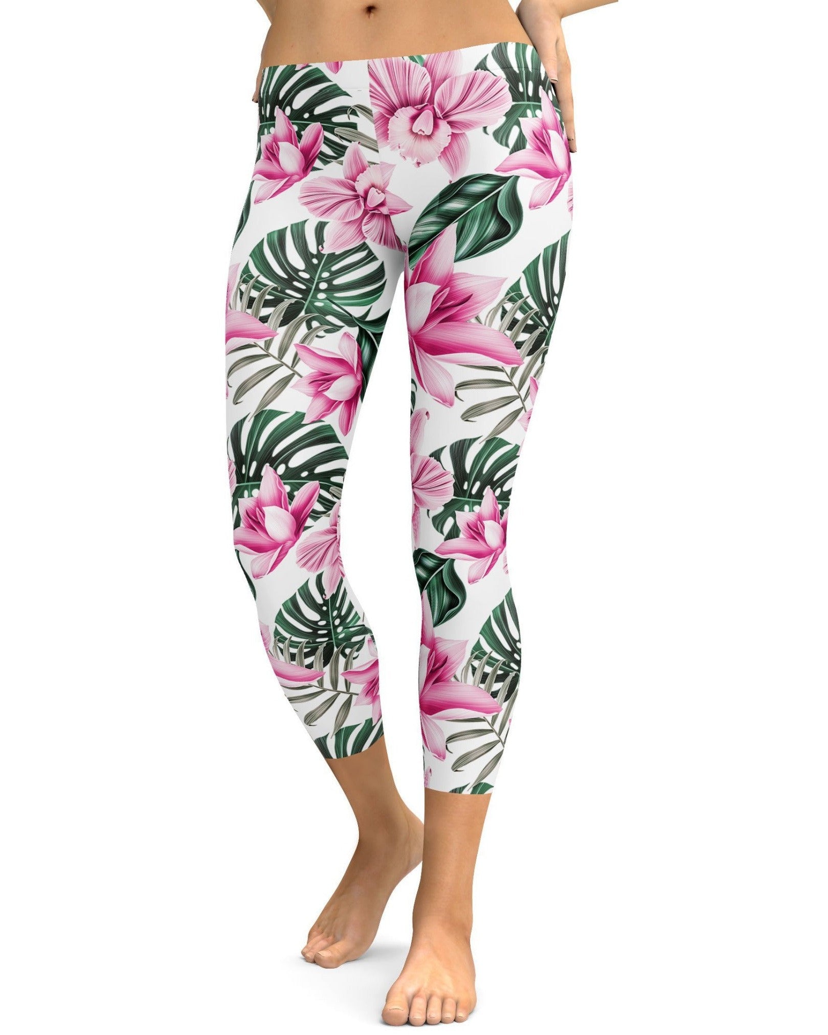 Tropical Floral White Capris - Gearbunch Leggings