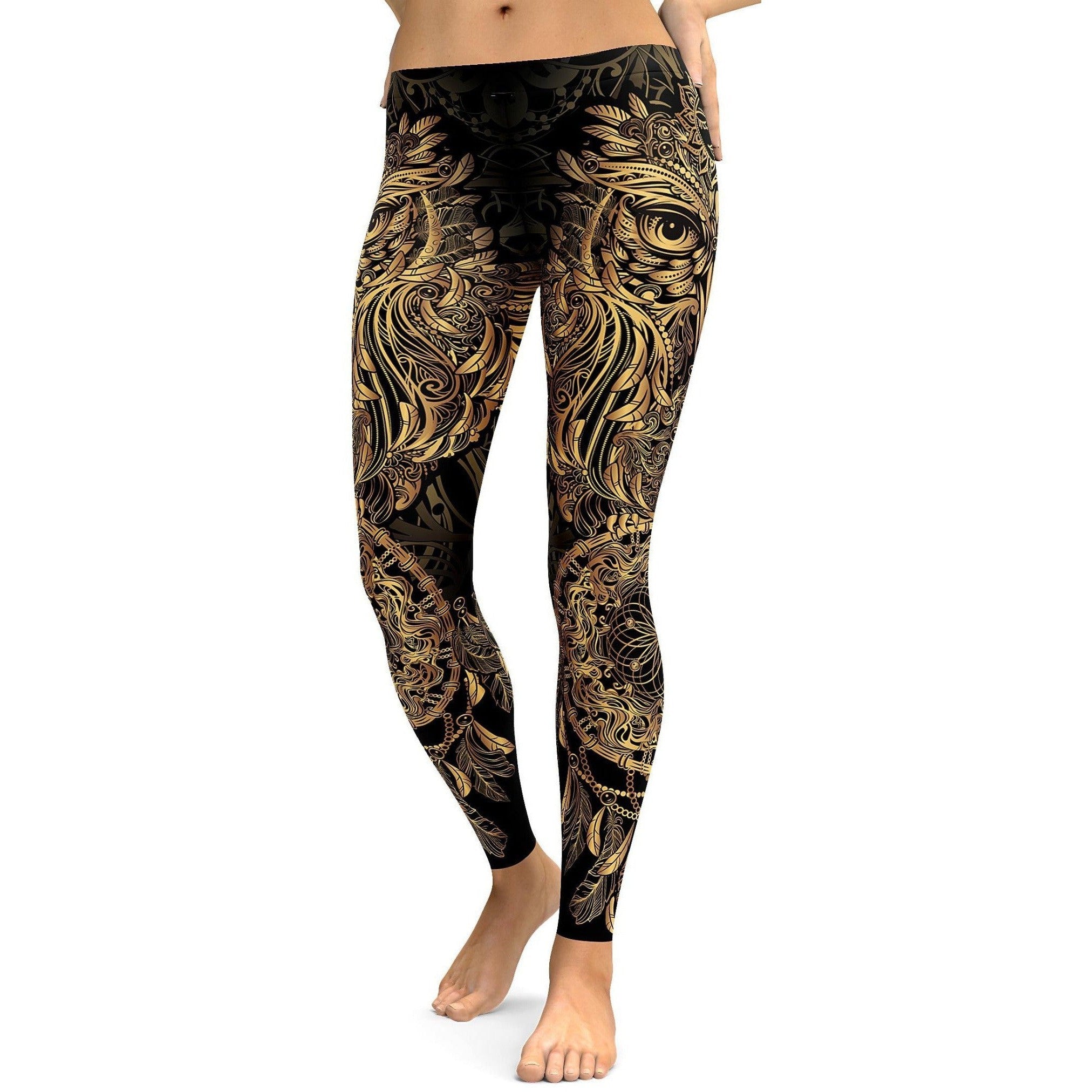 Womens Workout Yoga Golden Ornamental Owl Leggings Black/Gold | Gearbunch.com