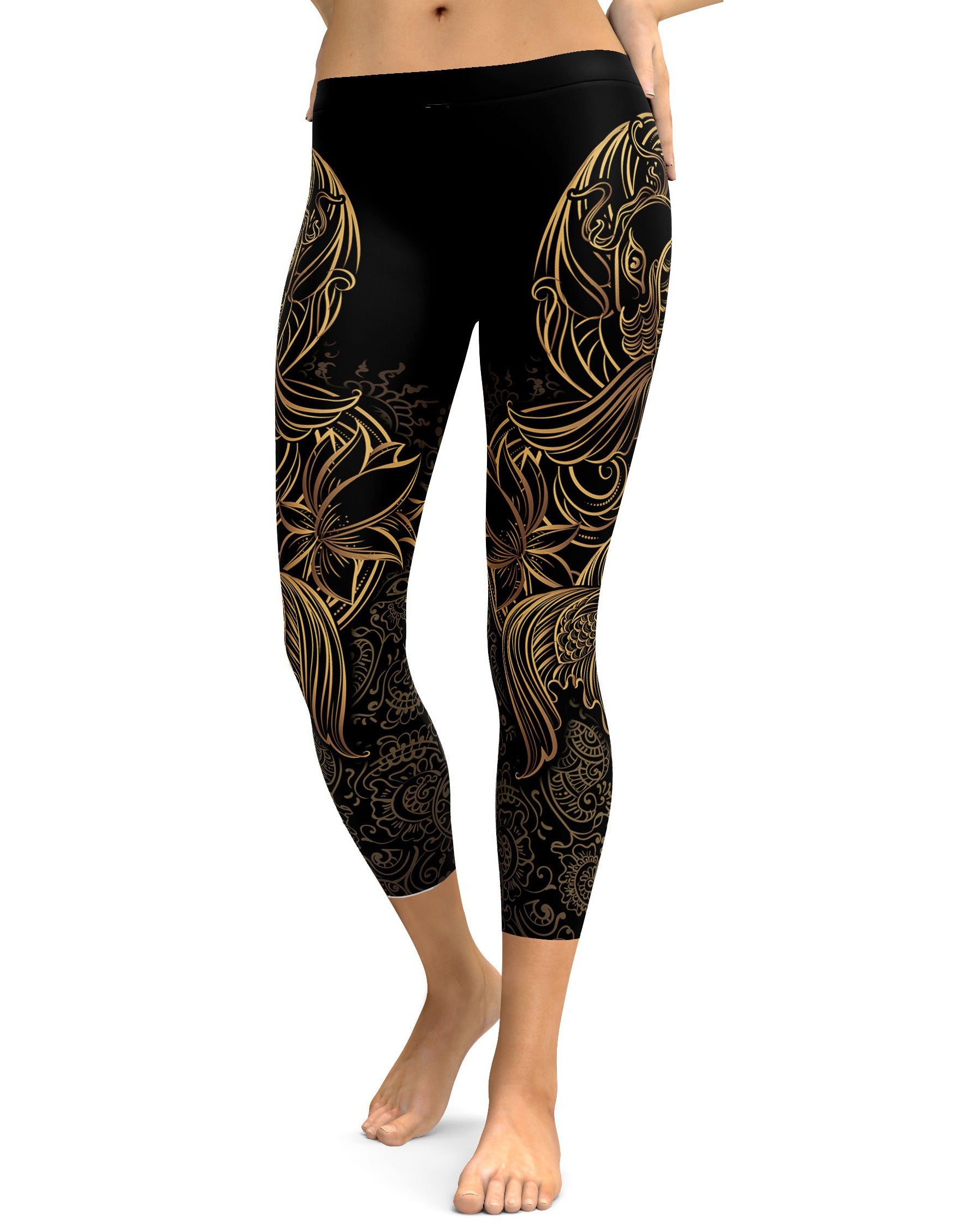 Golden Oriental Koi Fish Capris - GearBunch Leggings / Yoga Pants