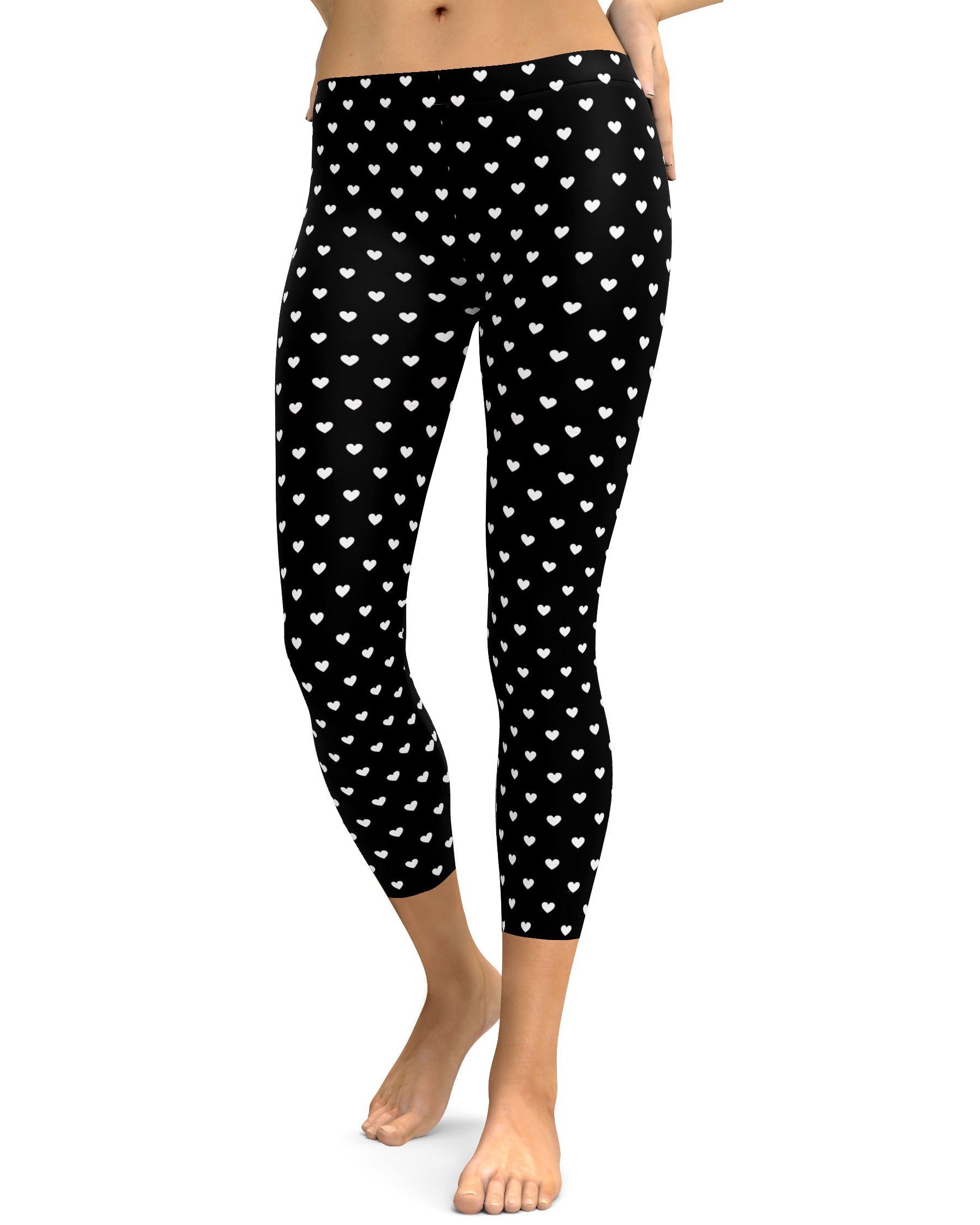 White Mini Hearts Black Capris - GearBunch Leggings / Yoga Pants