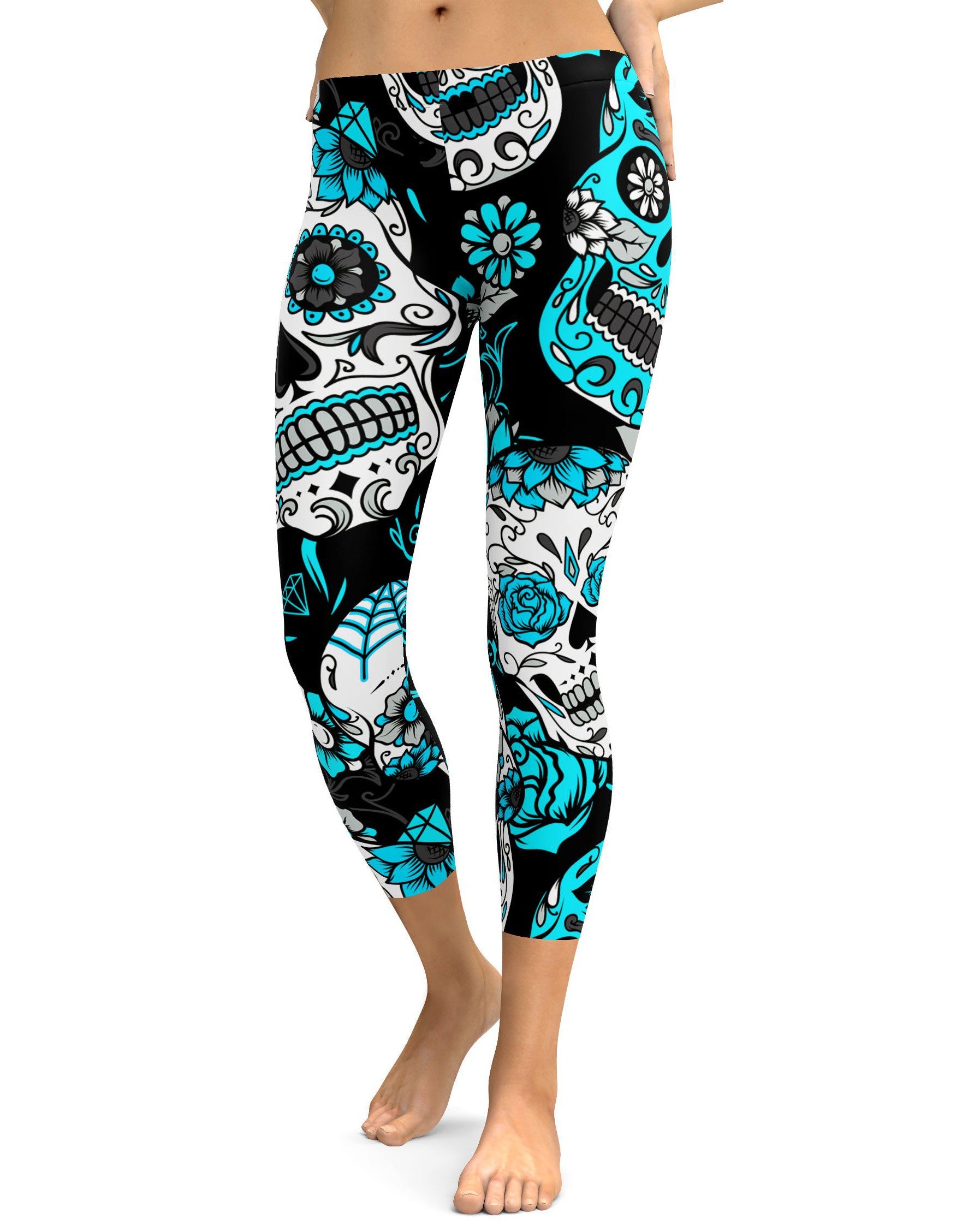 Sky Blue Sugar Skull Capris - GearBunch Leggings / Yoga Pants