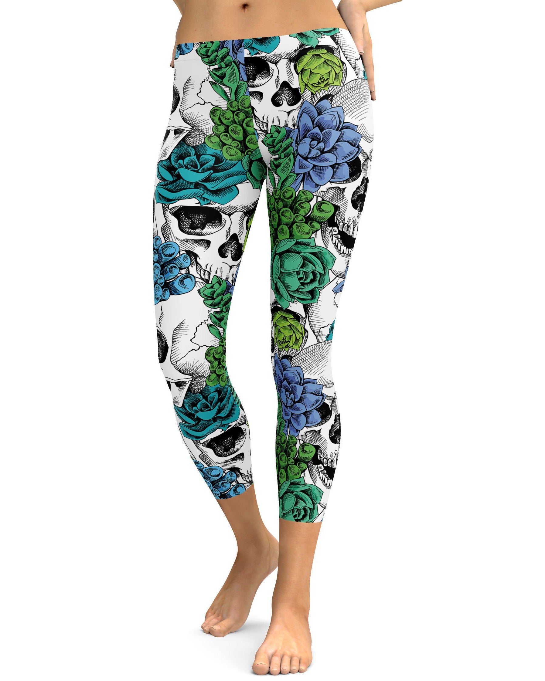 Womens Fashion Blue Floral Skulls Capris Leggings | Gearbunch.com