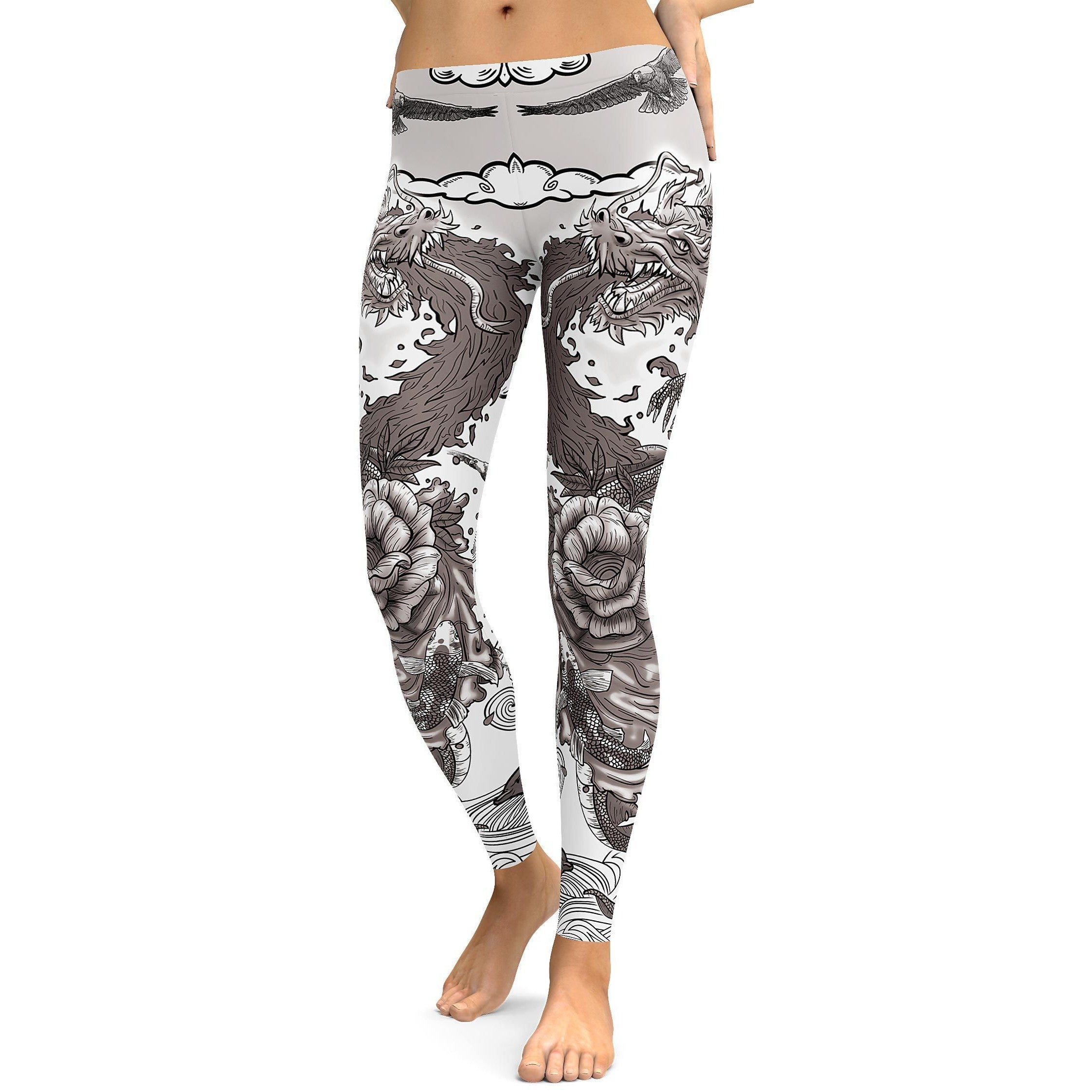 Womens Workout Yoga B&W Tattooed Dragon Leggings Grey/Black