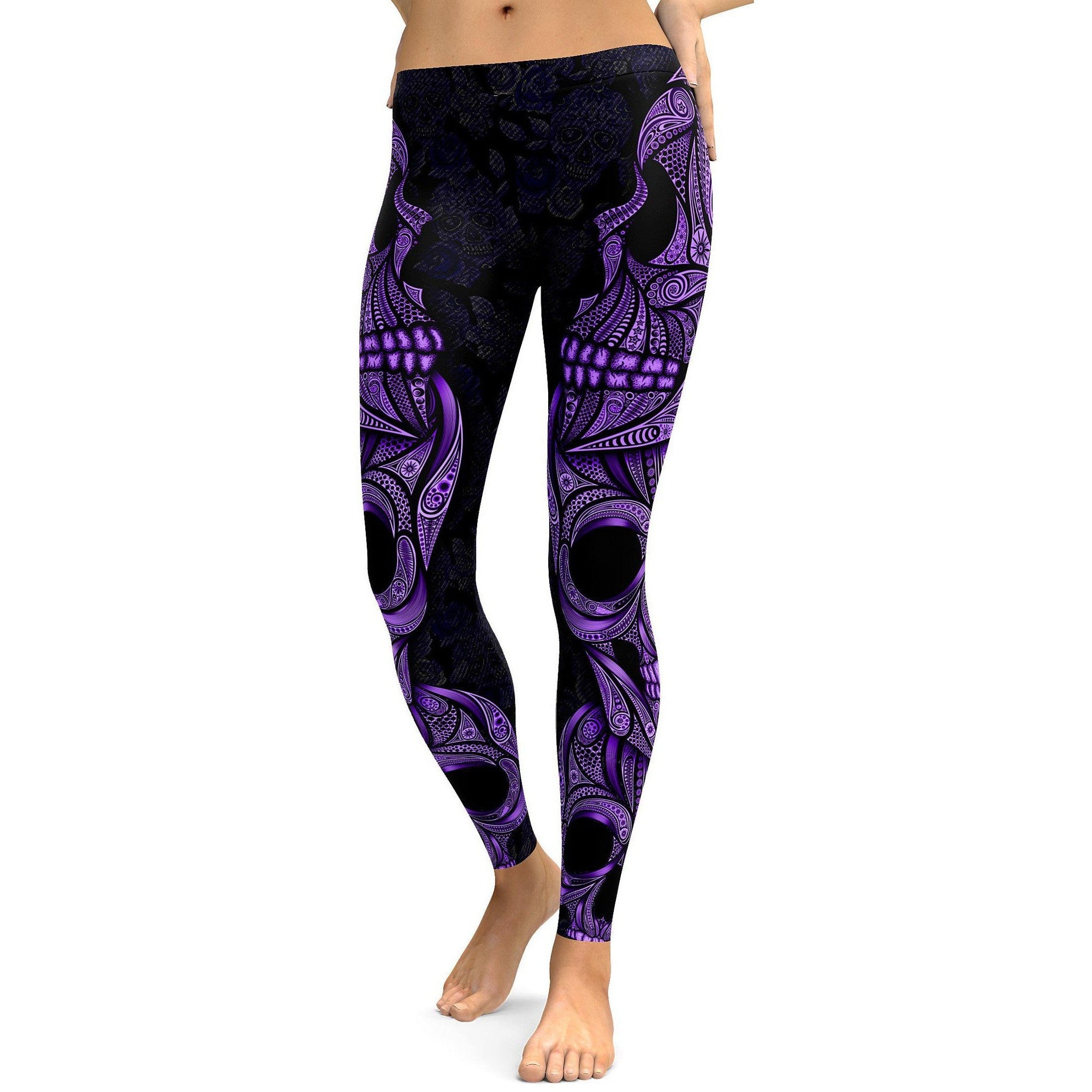 Womens Purple Ornamental Skull Leggings for Yoga, workout and gym