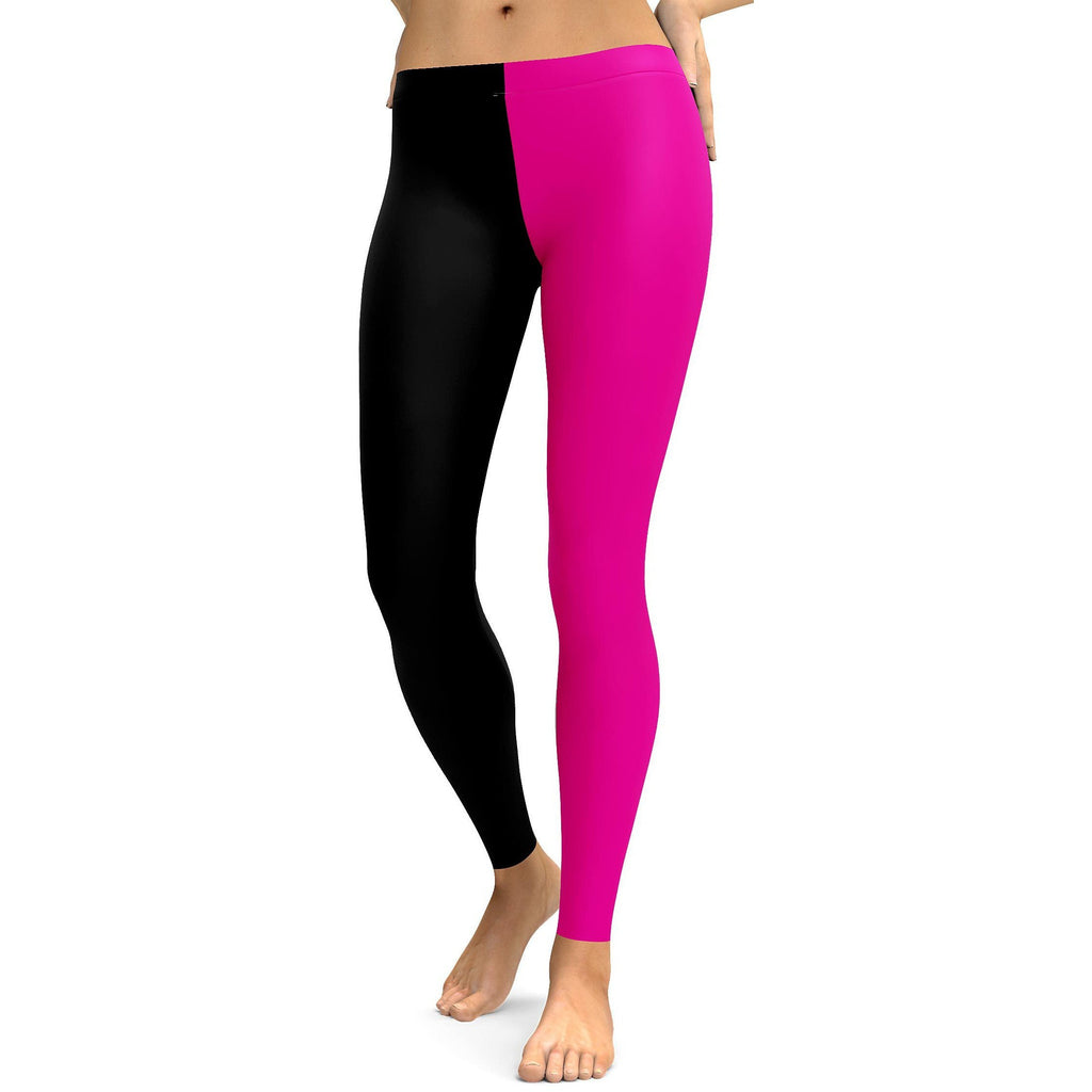 A 24 year old woman brunette woman in a black top, pink leggings