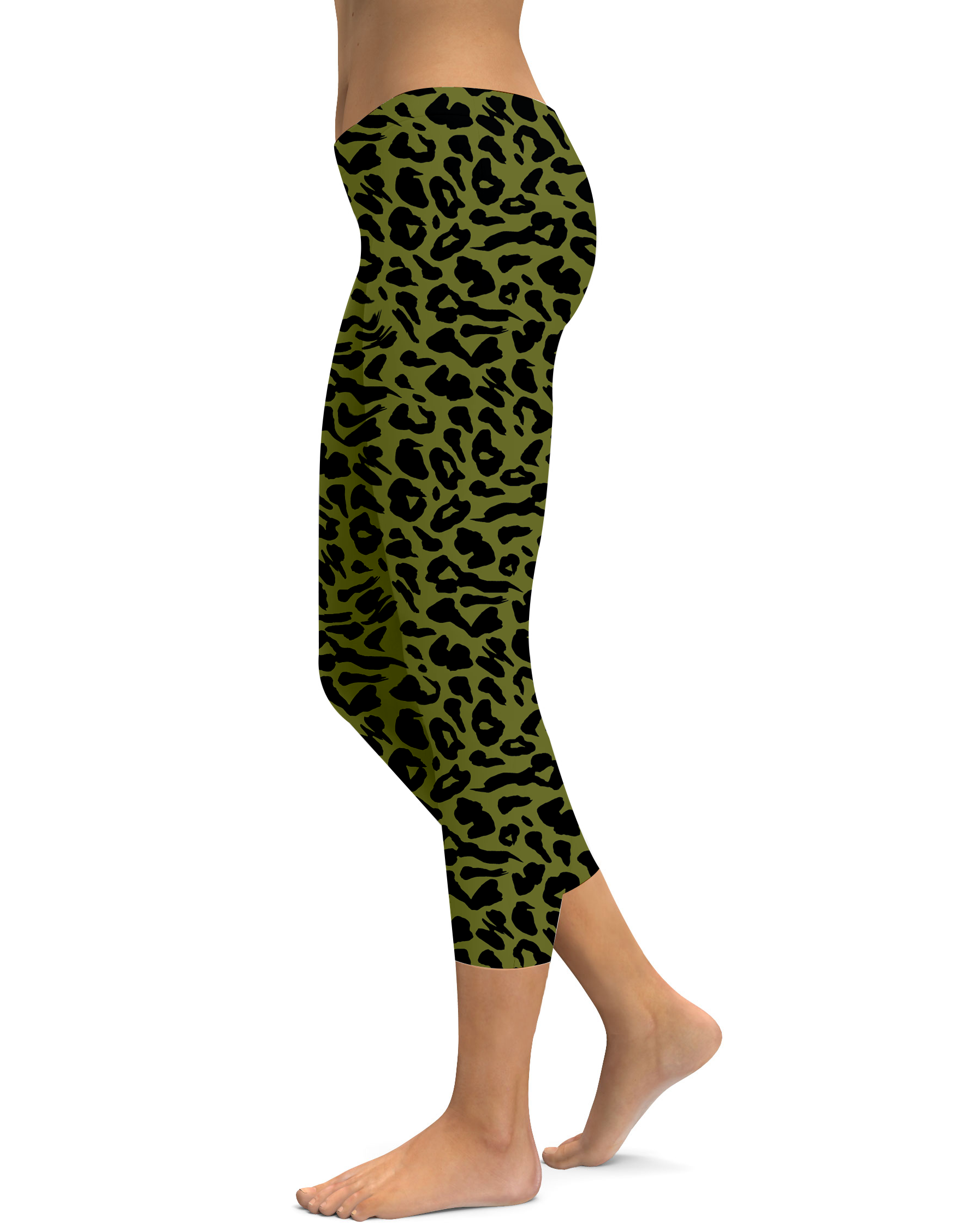 Womens Fashion Olive Green Leopard Skin Capri Leggings | Gearbunch.com