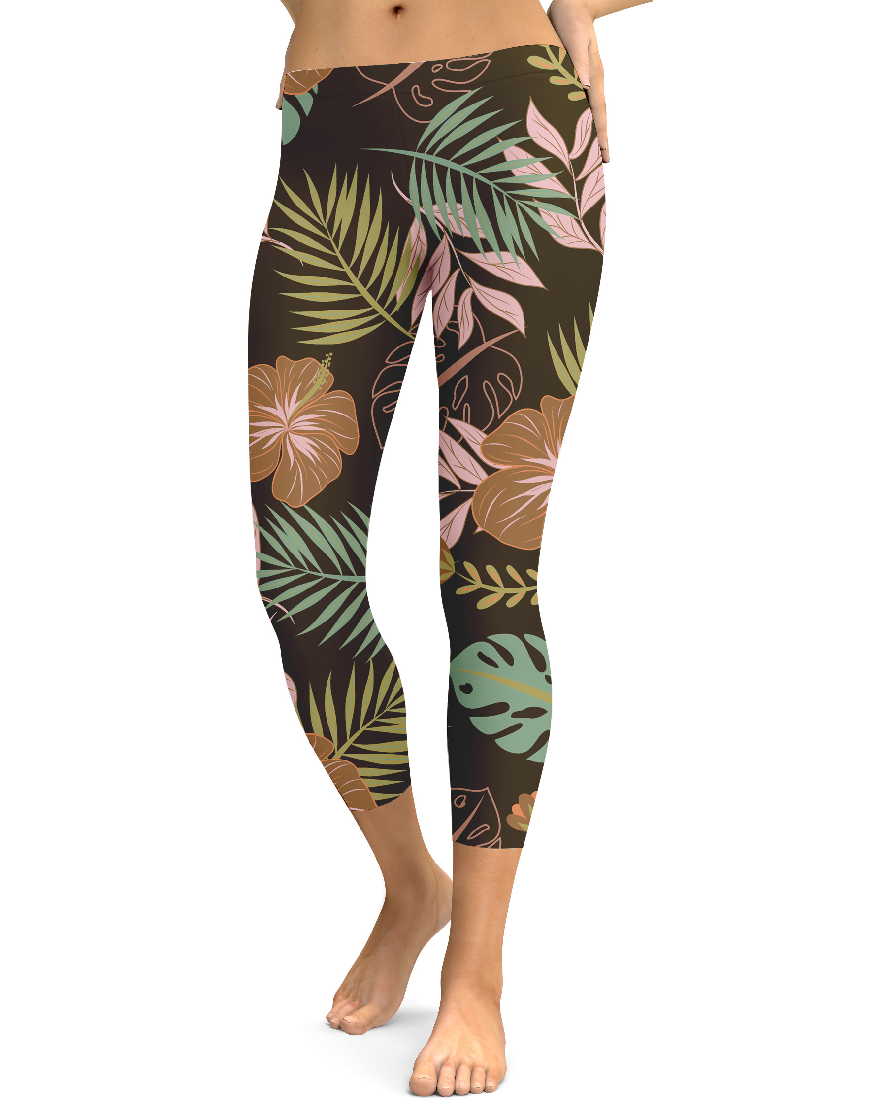 Womens Fall Floral Capris Leggings Brown/Pink/Green | Gearbunch.com