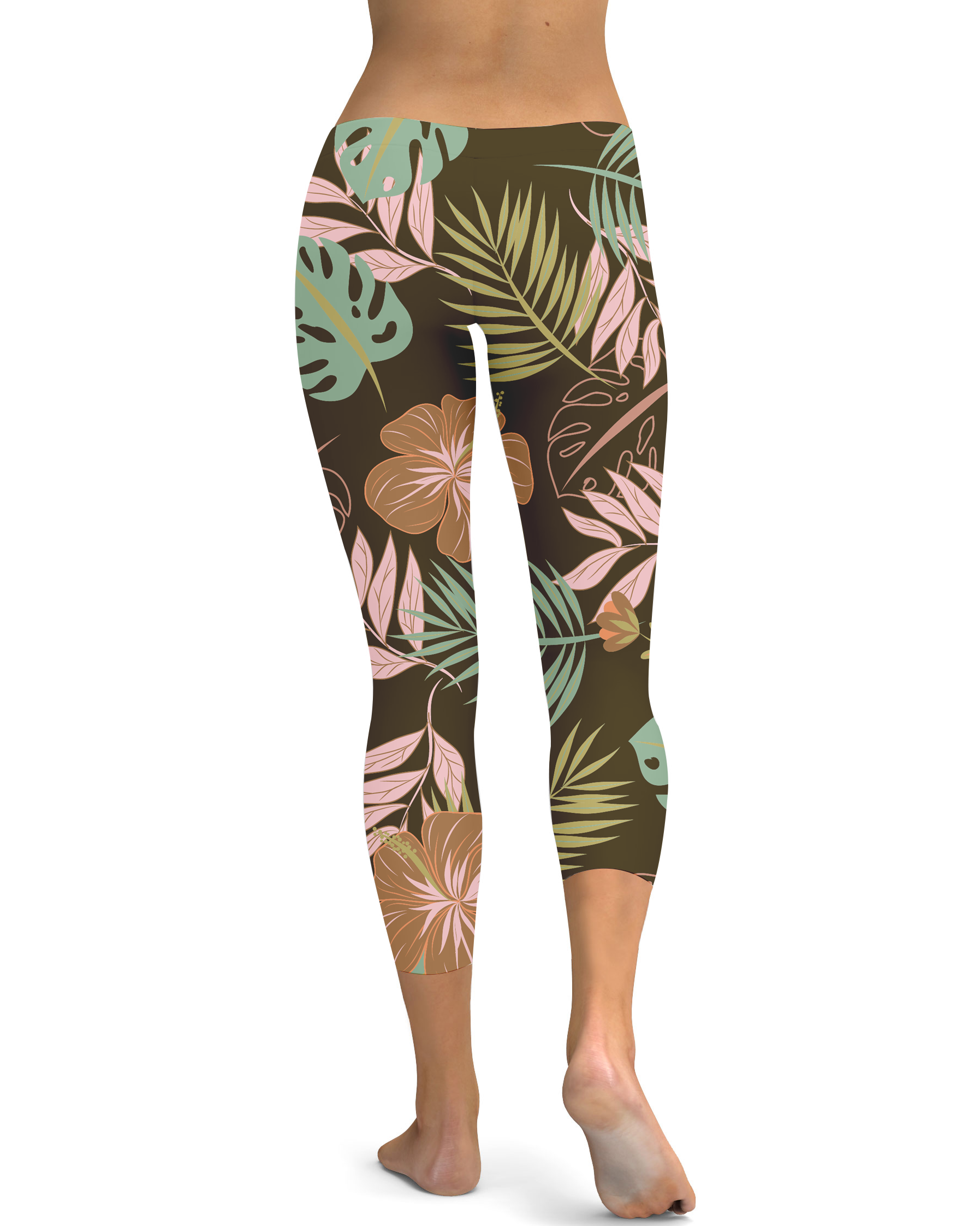 Womens Fall Floral Capris Leggings Brown/Pink/Green | Gearbunch.com