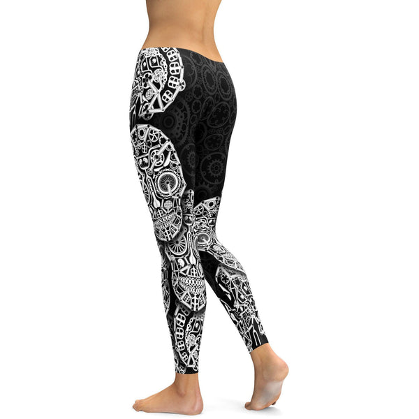 Womens Workout Yoga Bicycle Skull Leggings Black/White | Gear Bunch