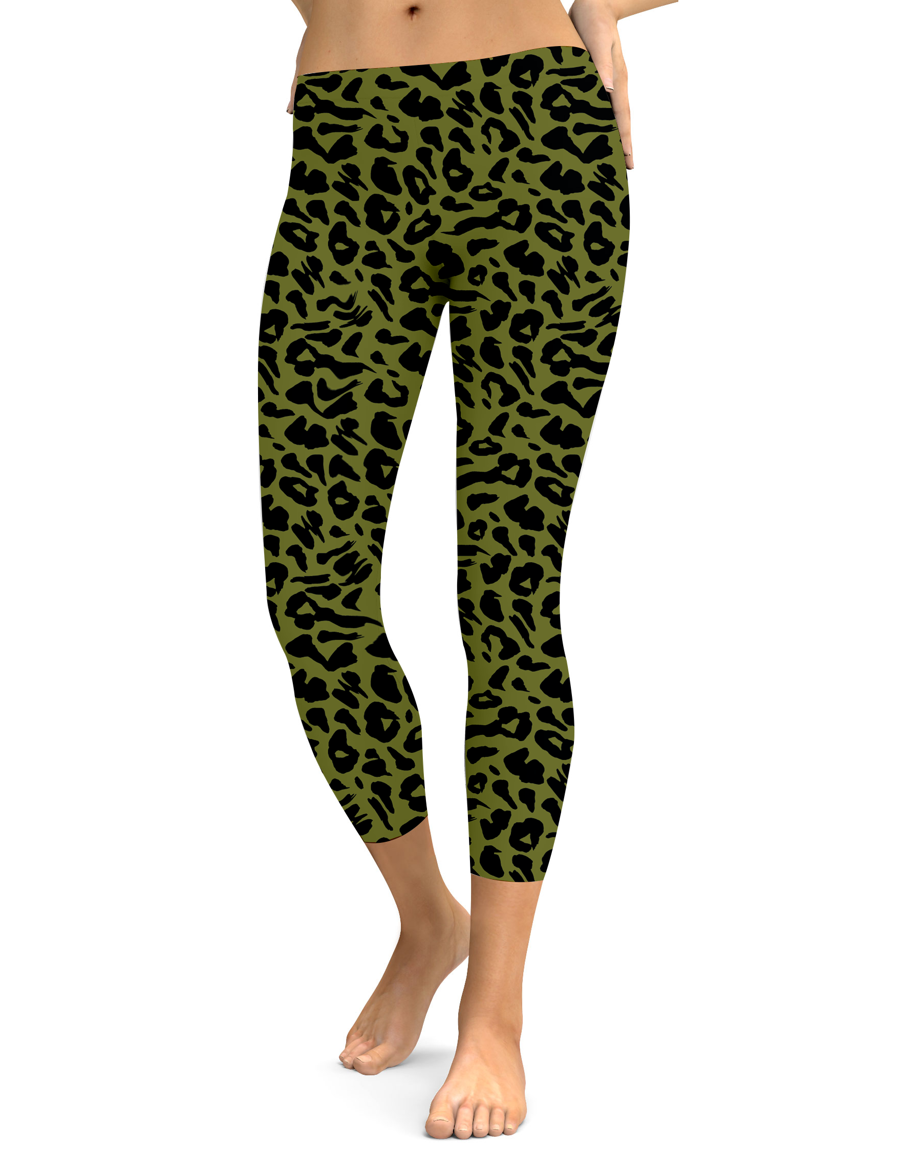 Womens Fashion Olive Green Leopard Skin Capri Leggings | Gearbunch.com