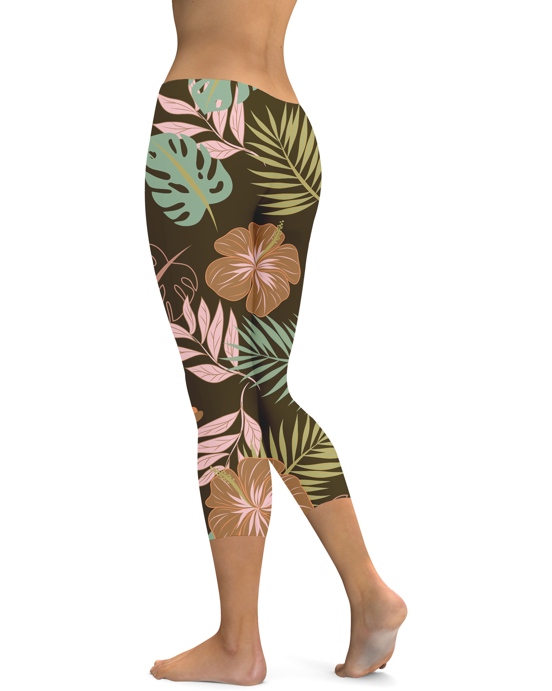 Womens Fall Floral Capris Leggings Brown/Pink/Green | Gearbunch.com