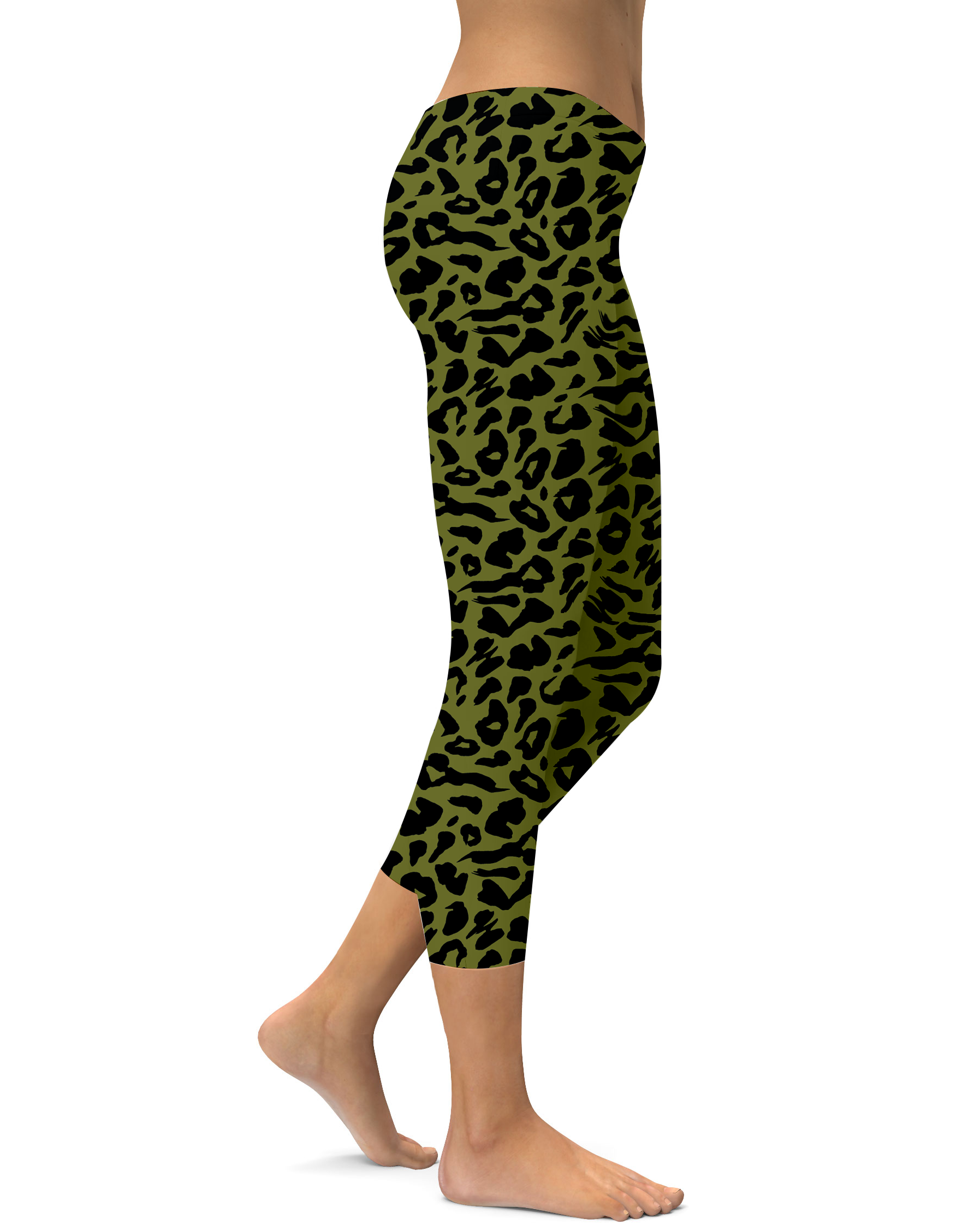 Womens Fashion Olive Green Leopard Skin Capri Leggings | Gearbunch.com