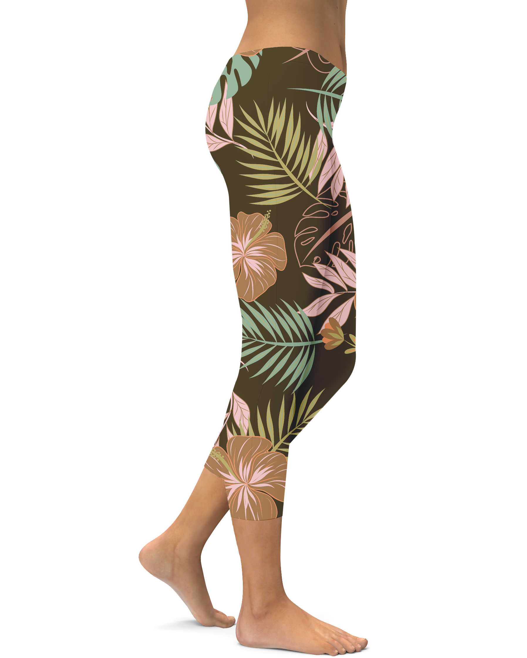 Womens Fall Floral Capris Leggings Brown/Pink/Green | Gearbunch.com