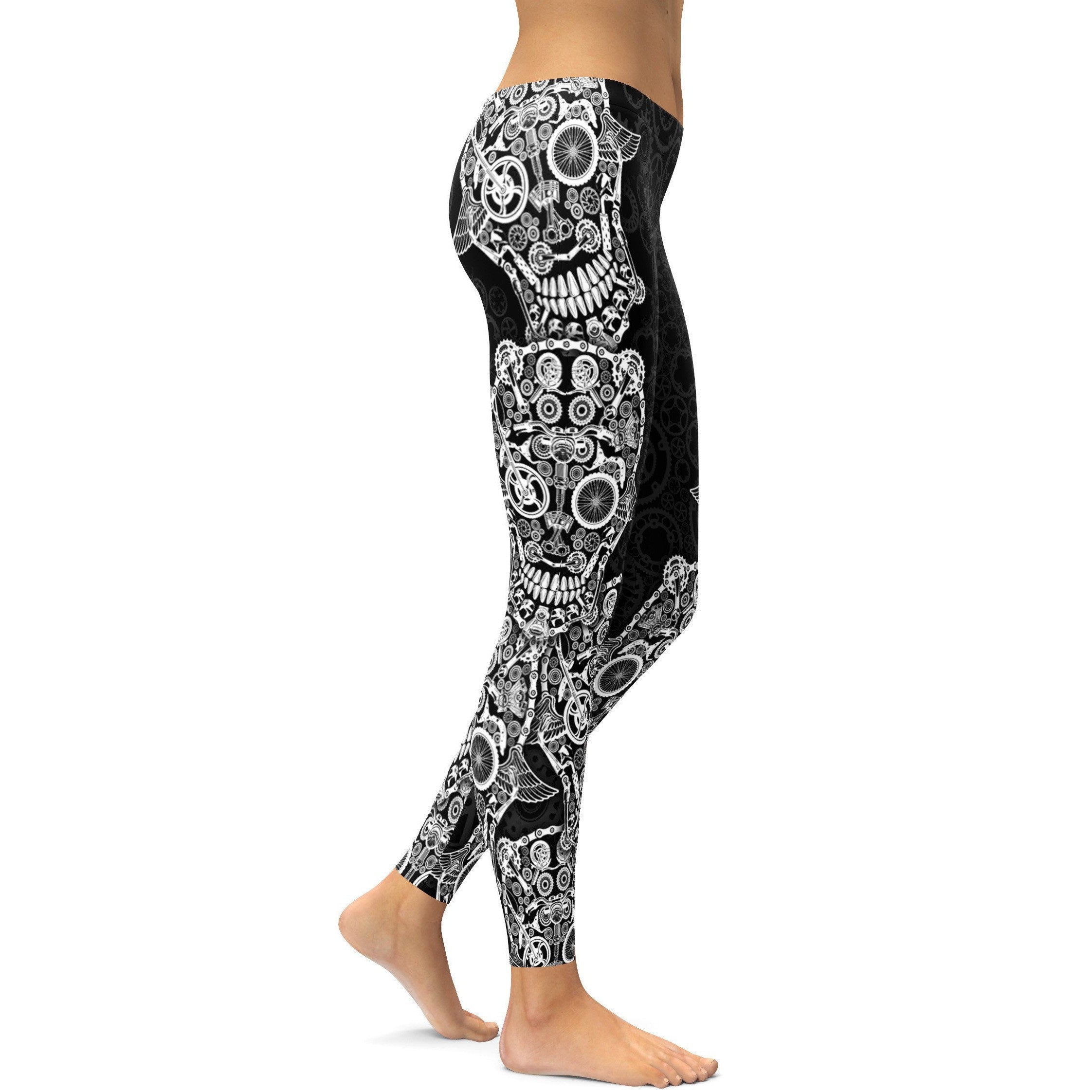 Womens Workout Yoga Biker Skull Leggings Black/White