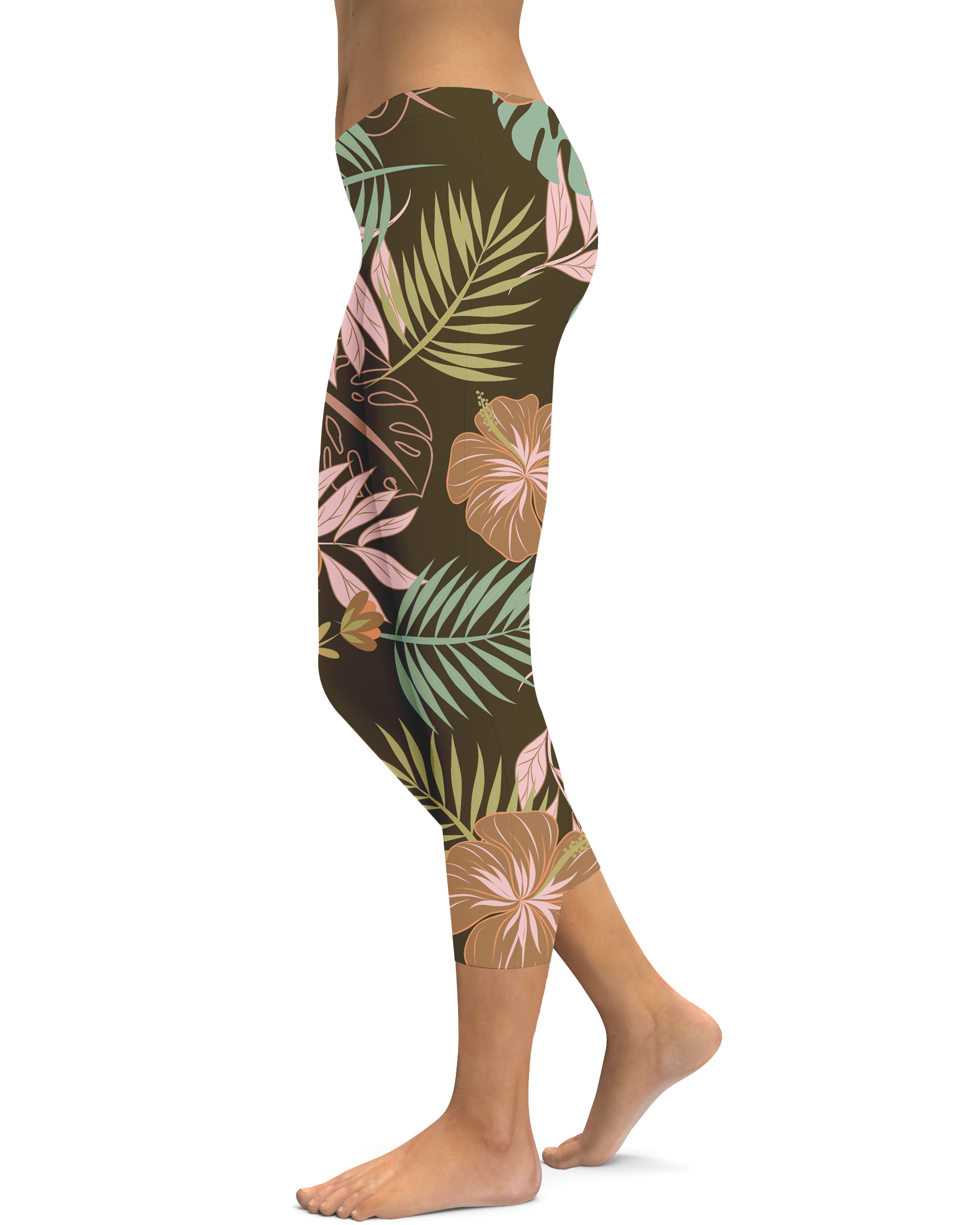 Womens Fall Floral Capris Leggings Brown/Pink/Green | Gearbunch.com