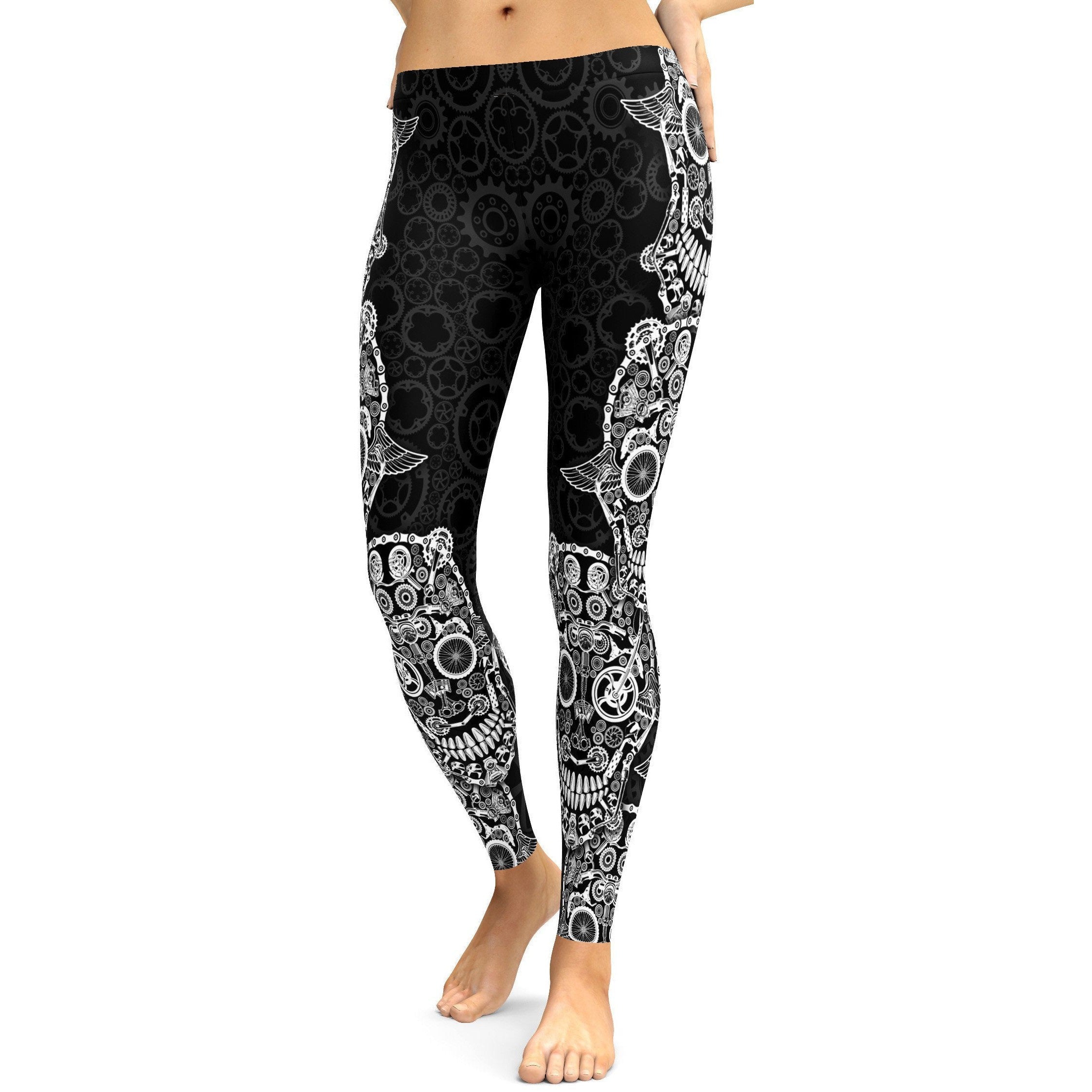 Womens Workout Yoga Biker Skull Leggings Black/White | Gear Bunch