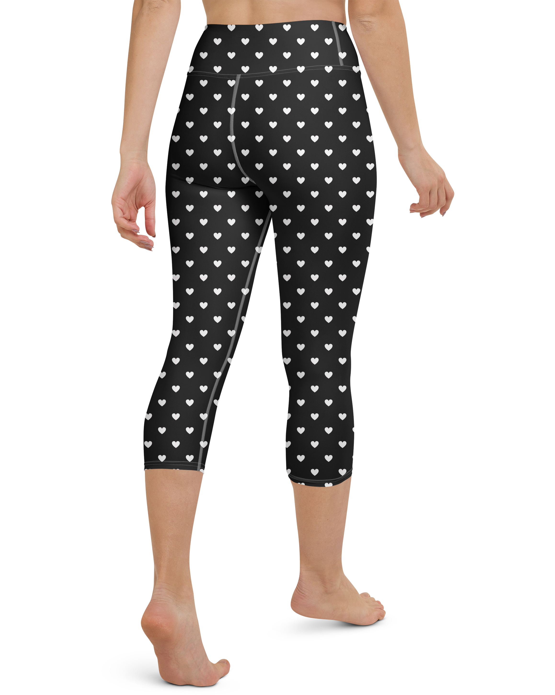 White Mini Hearts Black Yoga Capris - Gearbunch