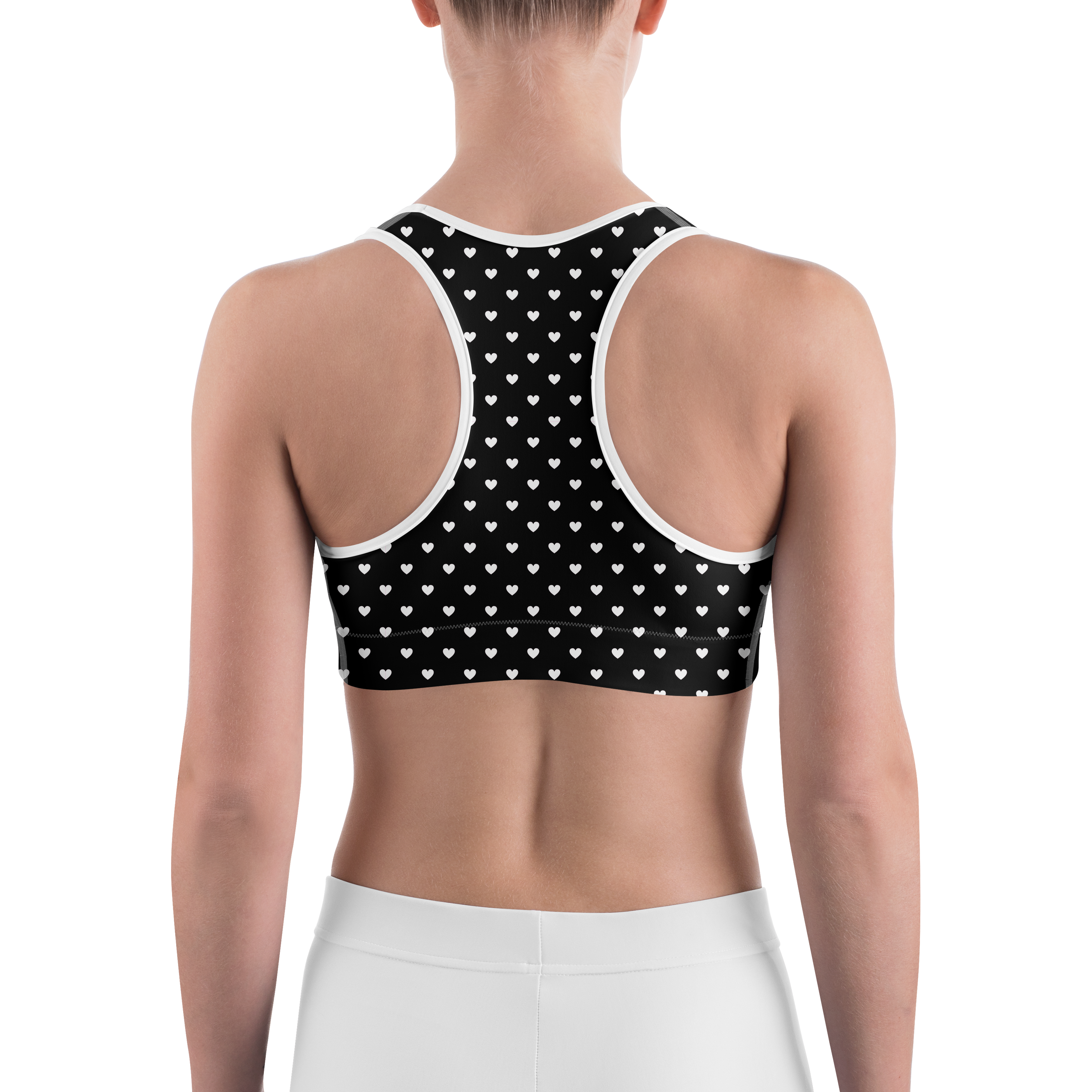 White Mini Hearts Black Sports Bra - Gearbunch