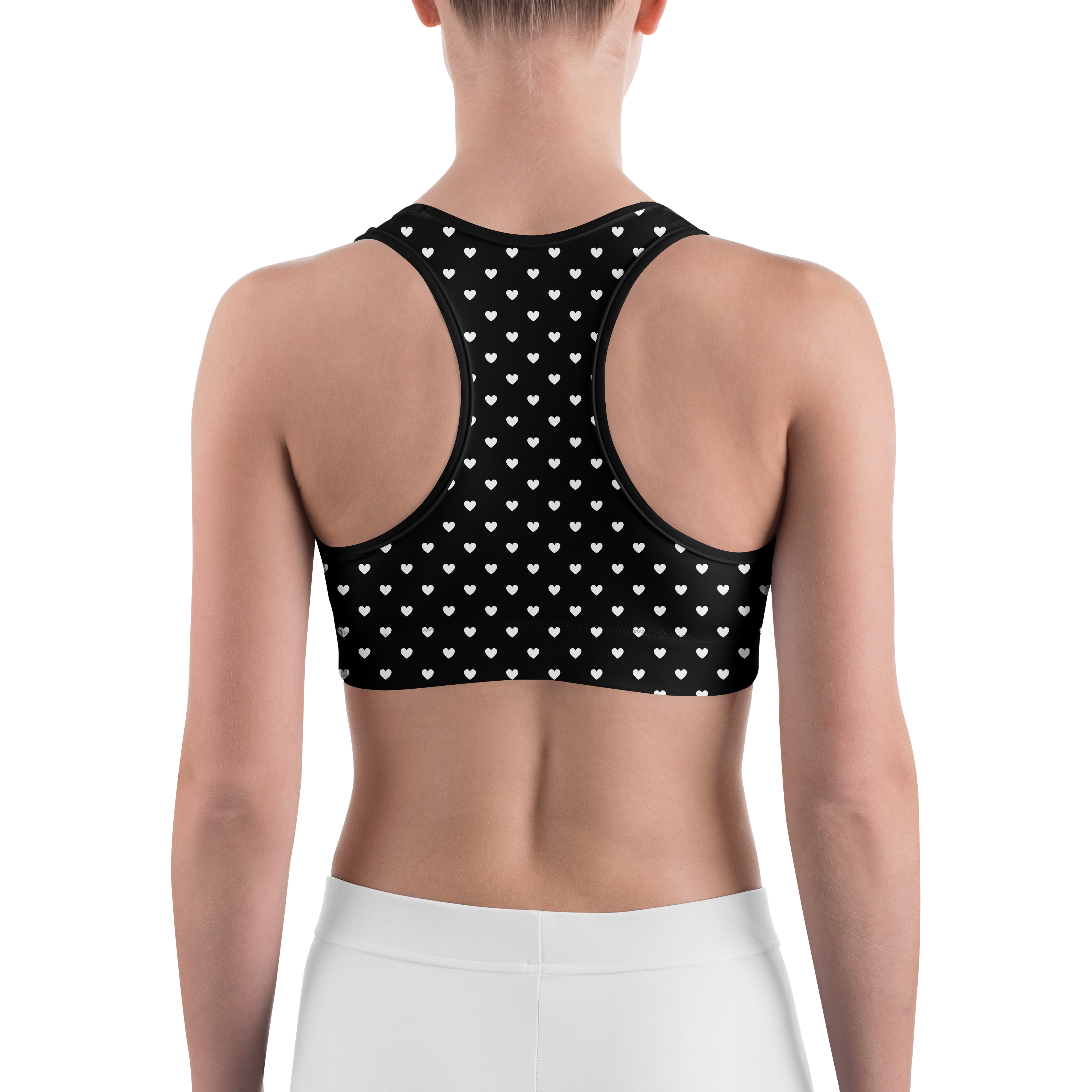 White Mini Hearts Black Sports Bra - Gearbunch