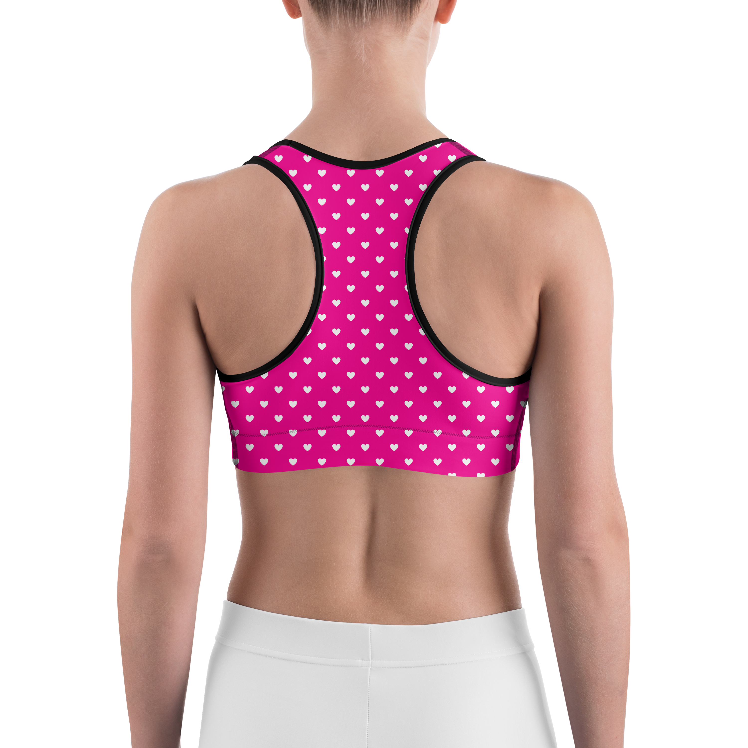 White Mini Hearts Pink Sports Bra - Gearbunch