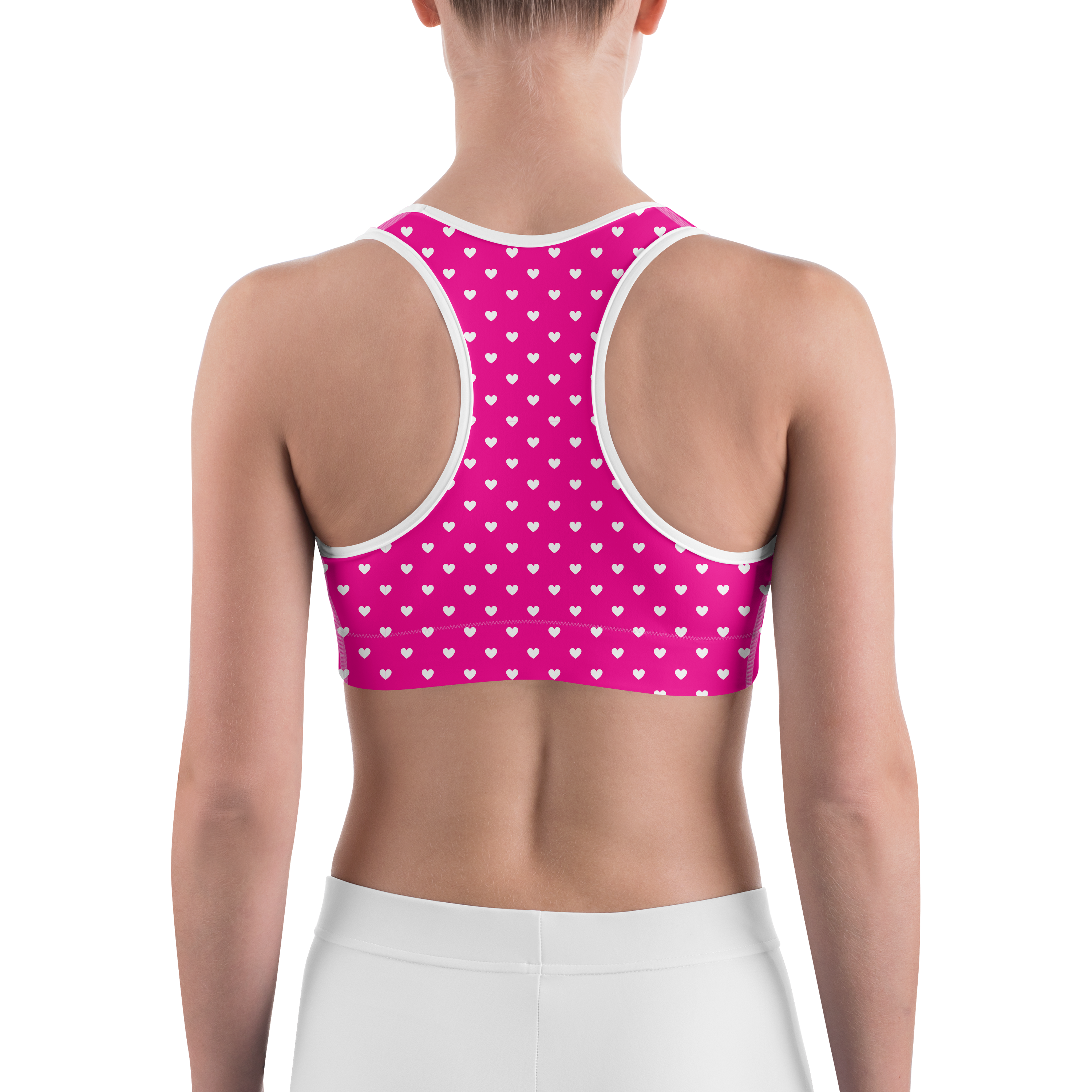 White Mini Hearts Pink Sports Bra - Gearbunch