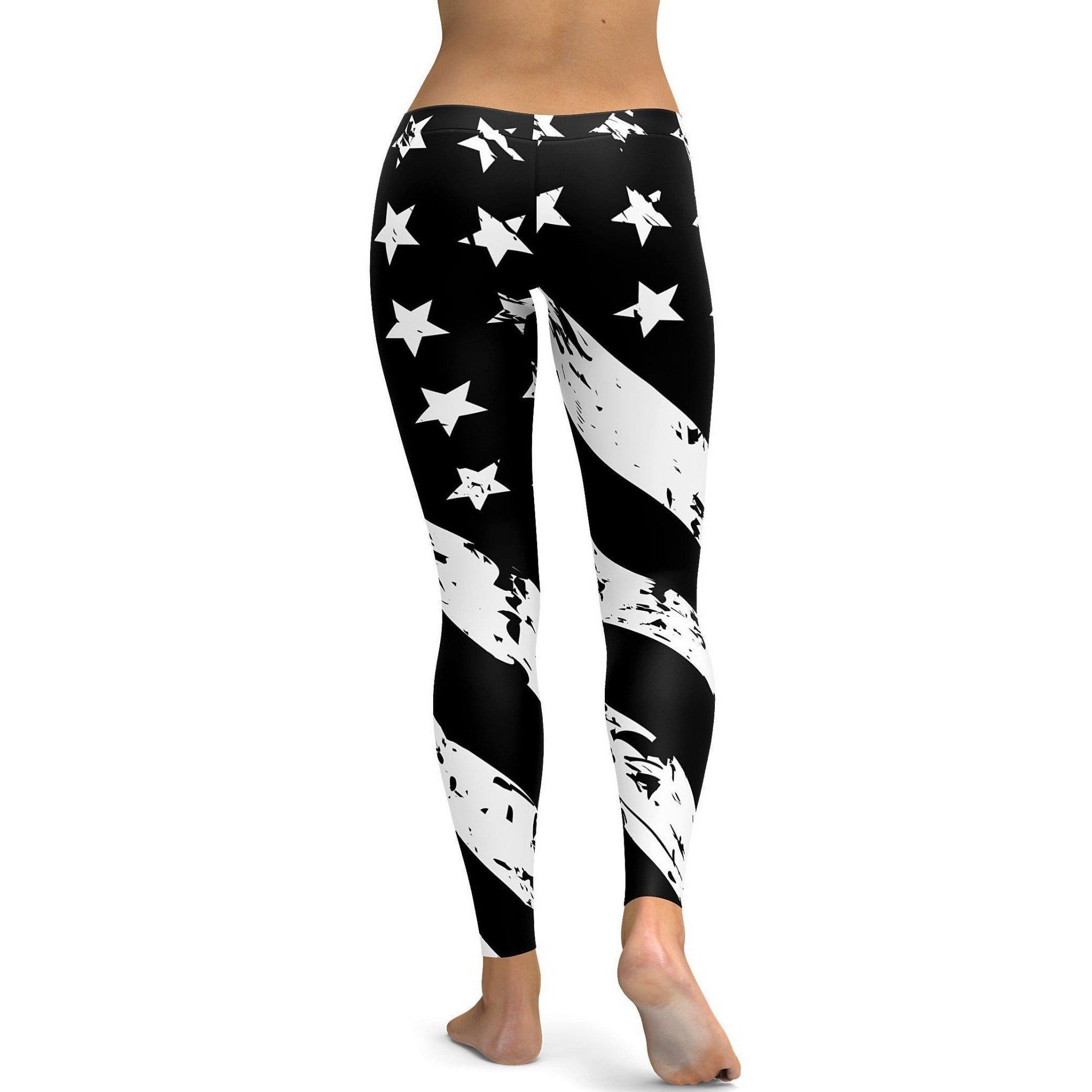 Womens Workout Yoga Black & White American Flag Leggings