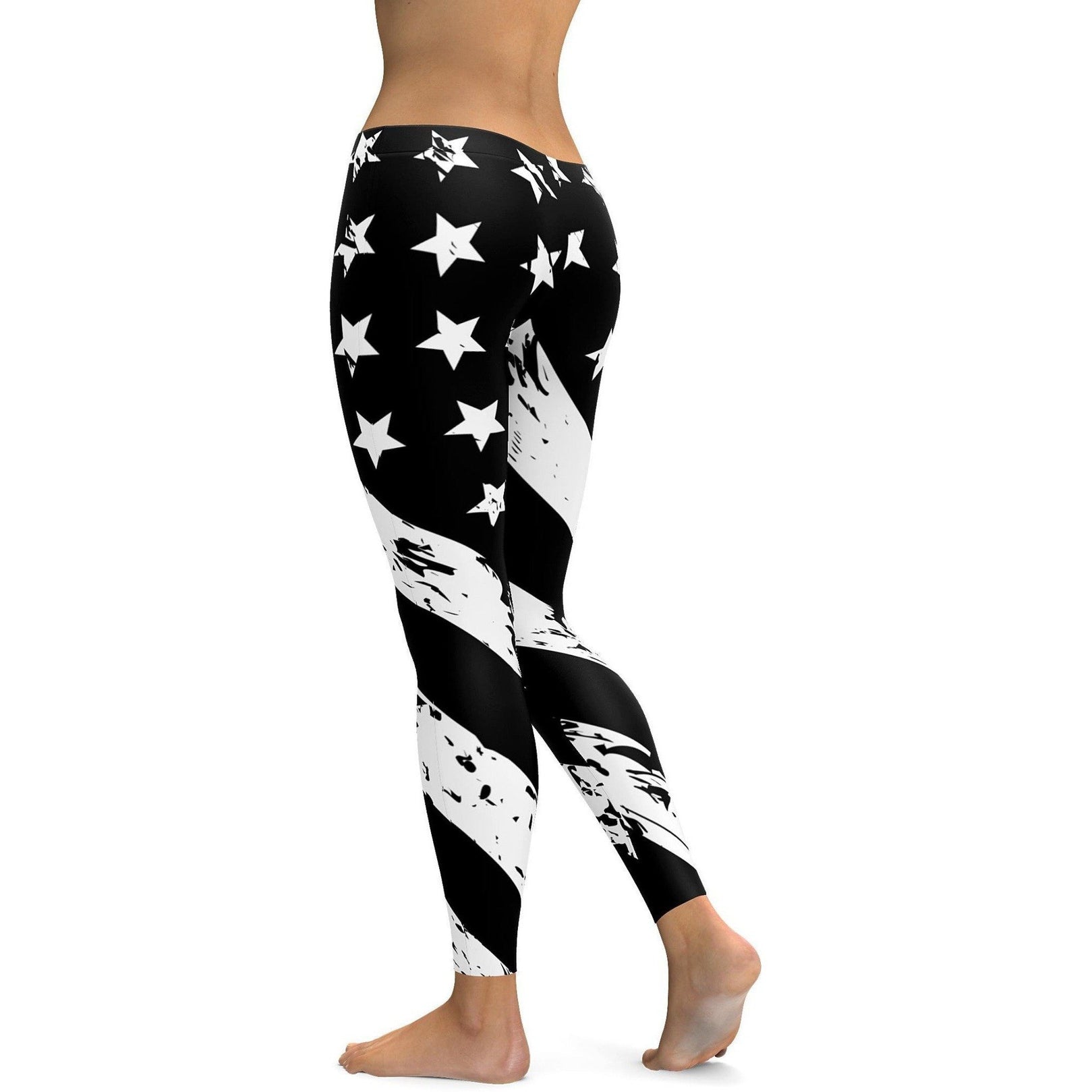 Womens Workout Yoga Black & White American Flag Leggings | Gear Bunch
