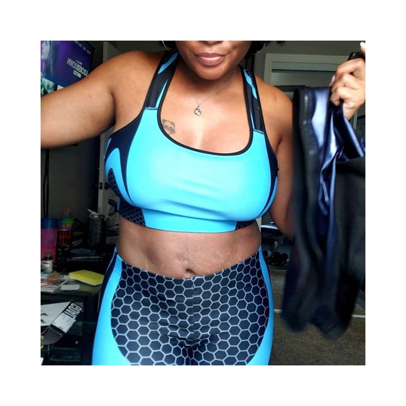 Womens Workout Yoga Blue Honeycomb Carbon Leggings Blue/Black | Gearbunch.com