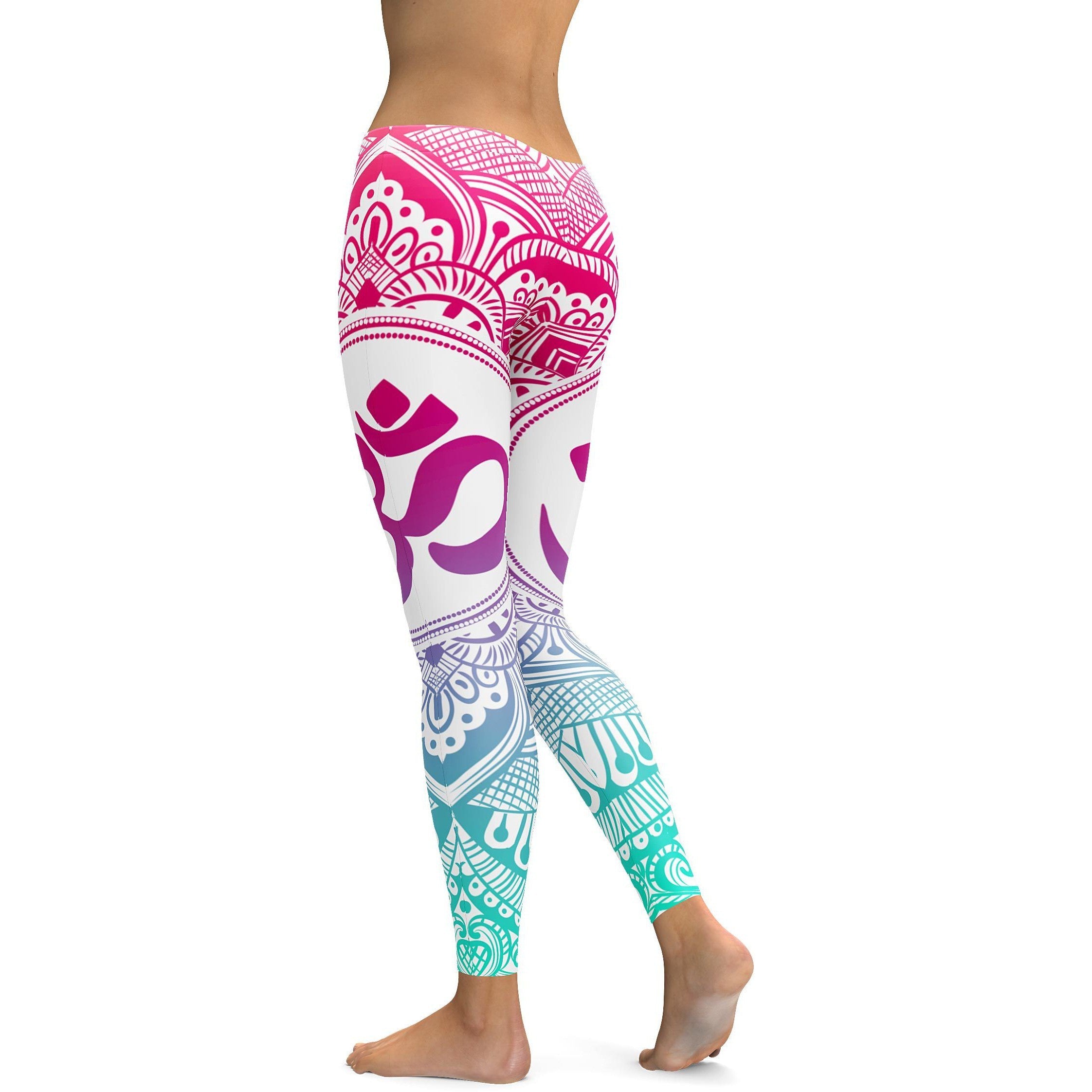 Womens Workout Yoga Bright OM Leggings Pink/White/Aqua | Gearbunch.com