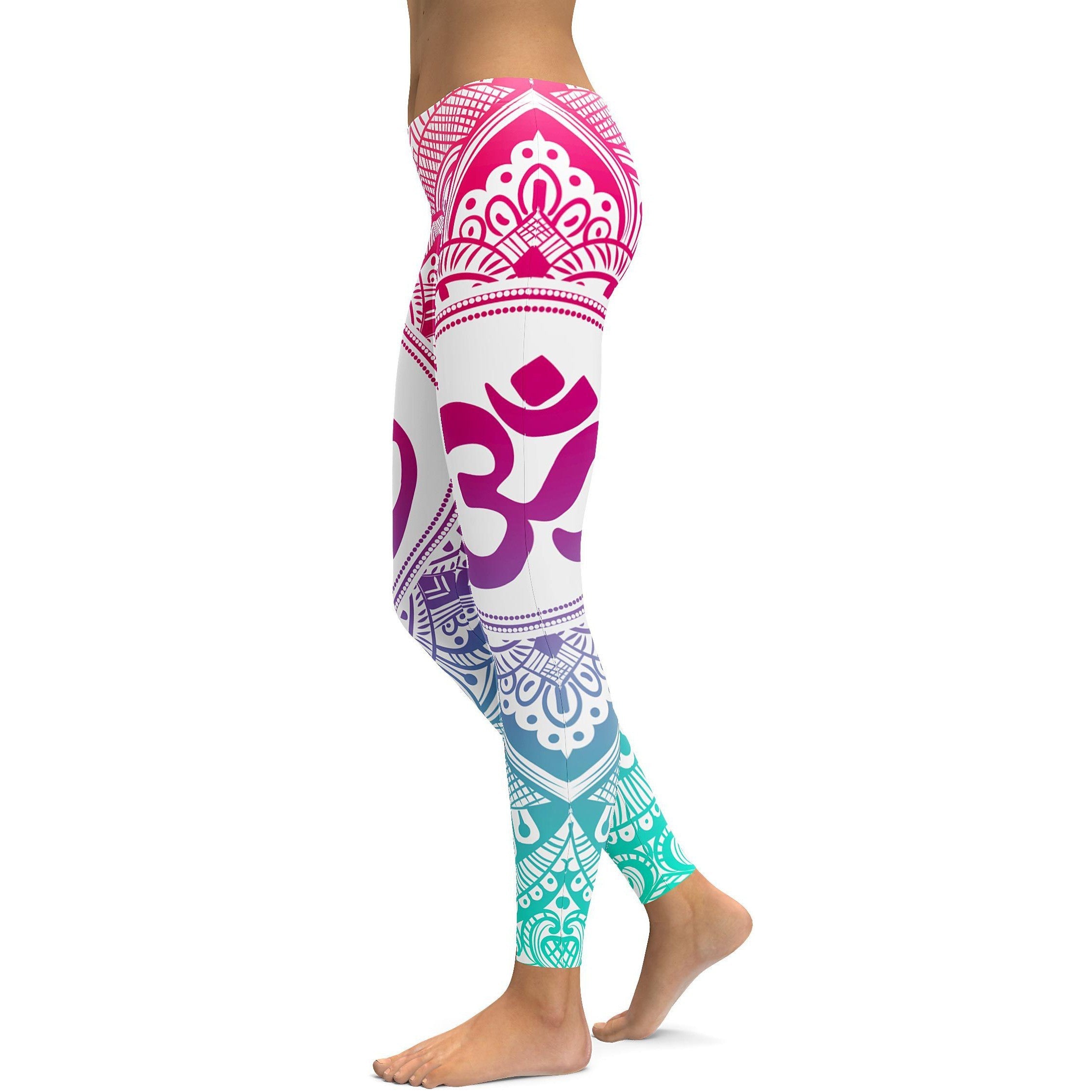 Womens Workout Yoga Bright OM Leggings Pink/White/Aqua | Gearbunch.com