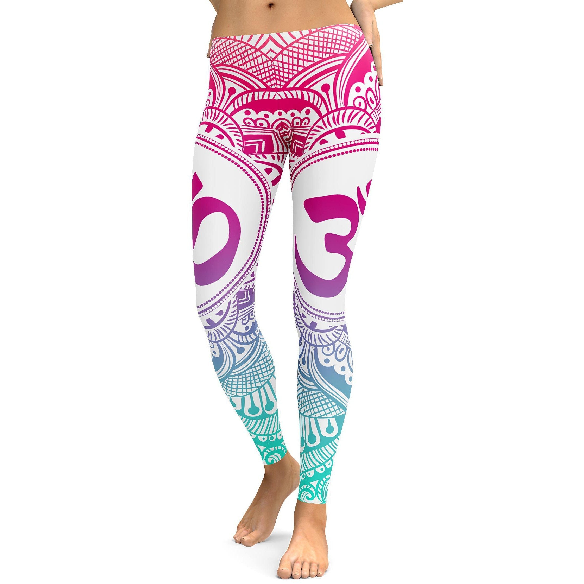 Womens Workout Yoga Bright OM Leggings Pink/White/Aqua | Gearbunch.com