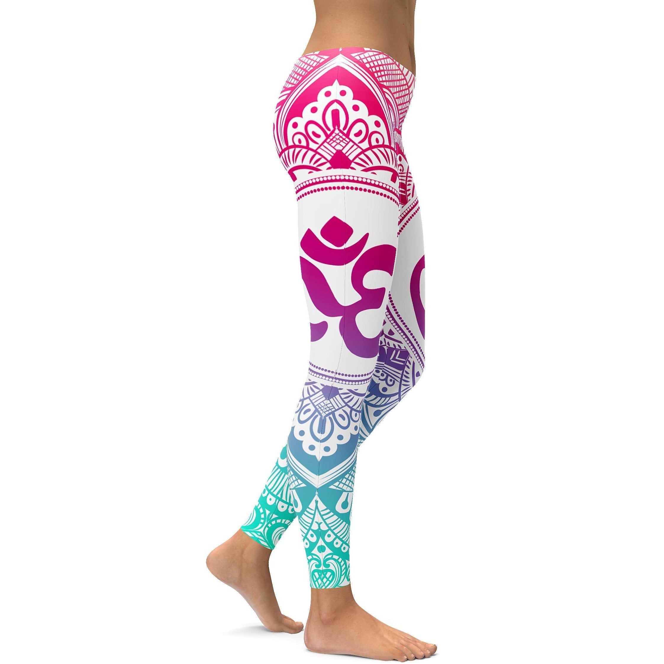 Womens Workout Yoga Bright OM Leggings Pink/White/Aqua | Gearbunch.com