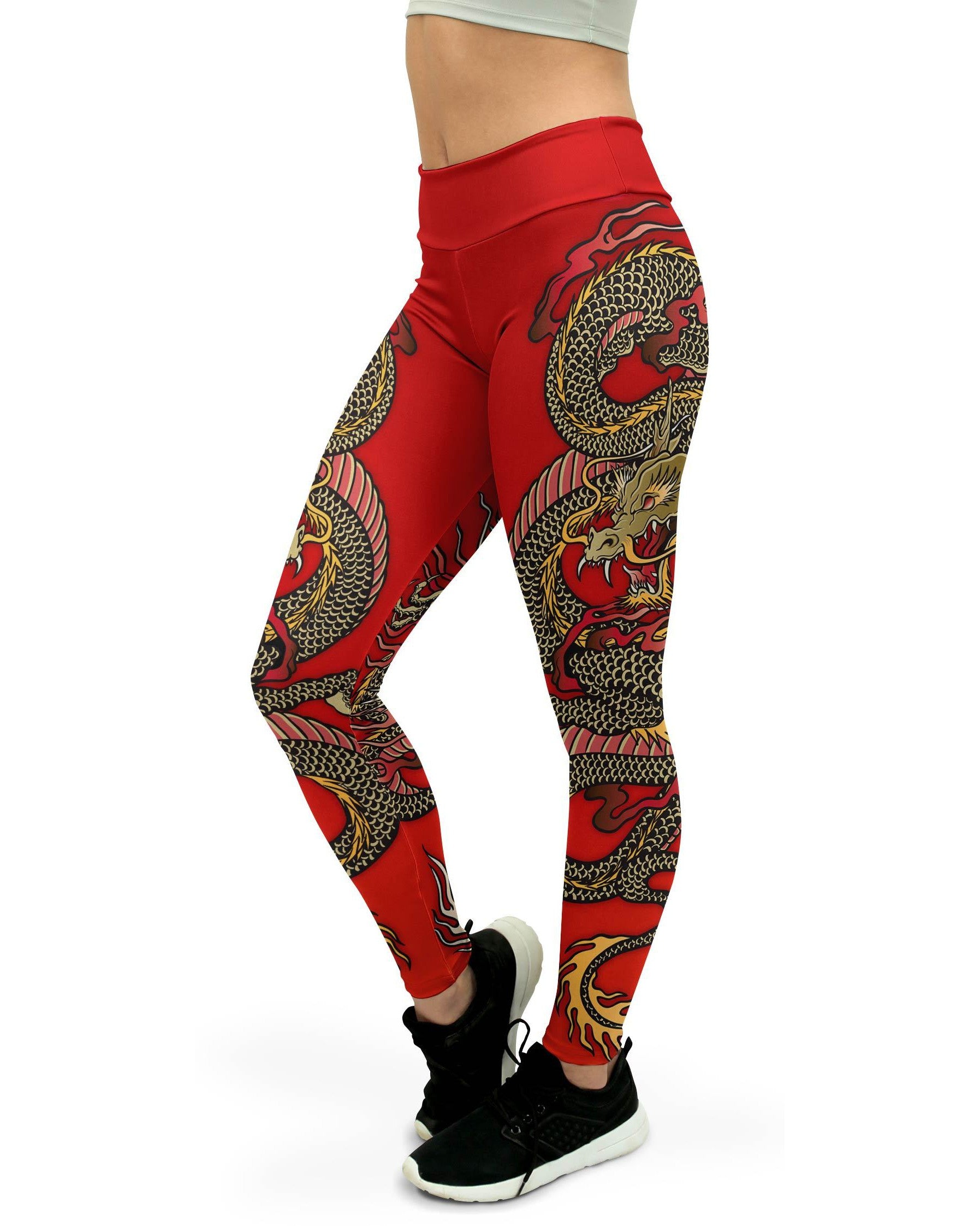 Women's chinese dragon patterned yoga pants front view