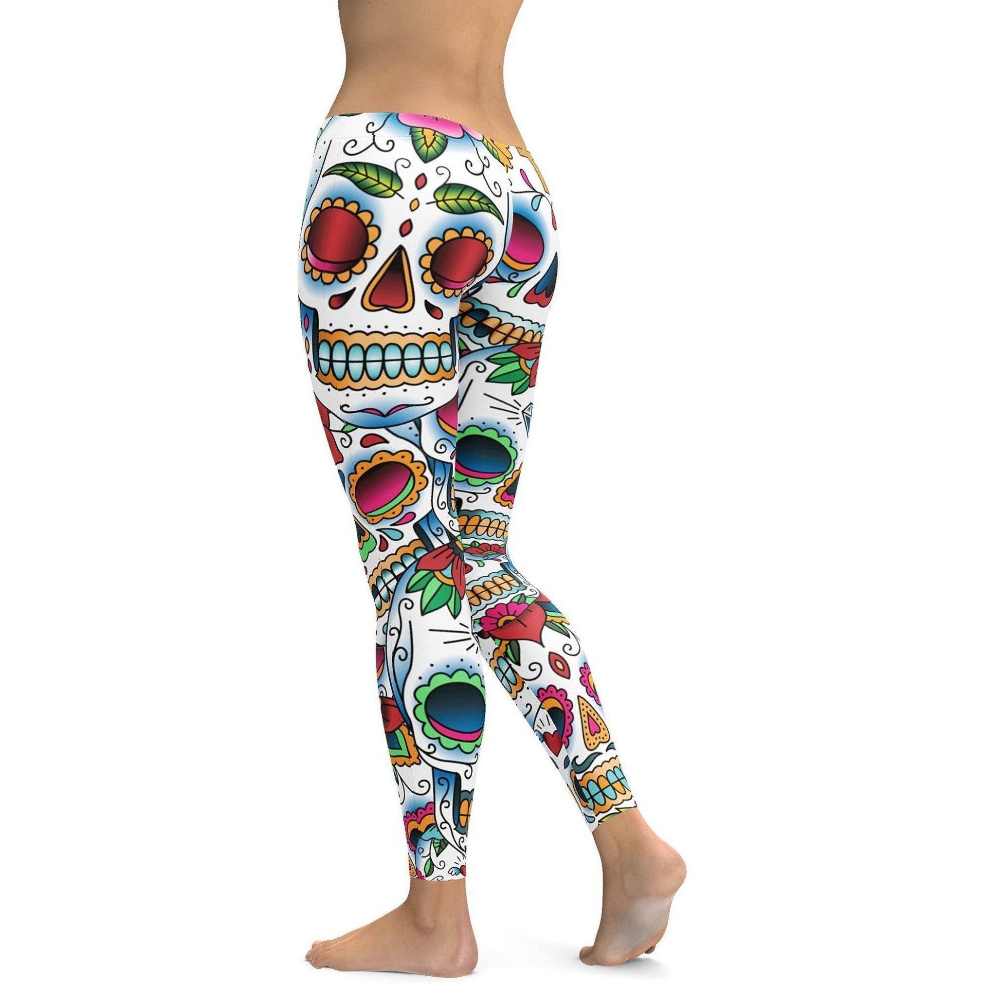 Womens Workout Yoga Colorful Dead - Sugar Skull Leggings White/Red/Green/Blue | Gearbunch.com